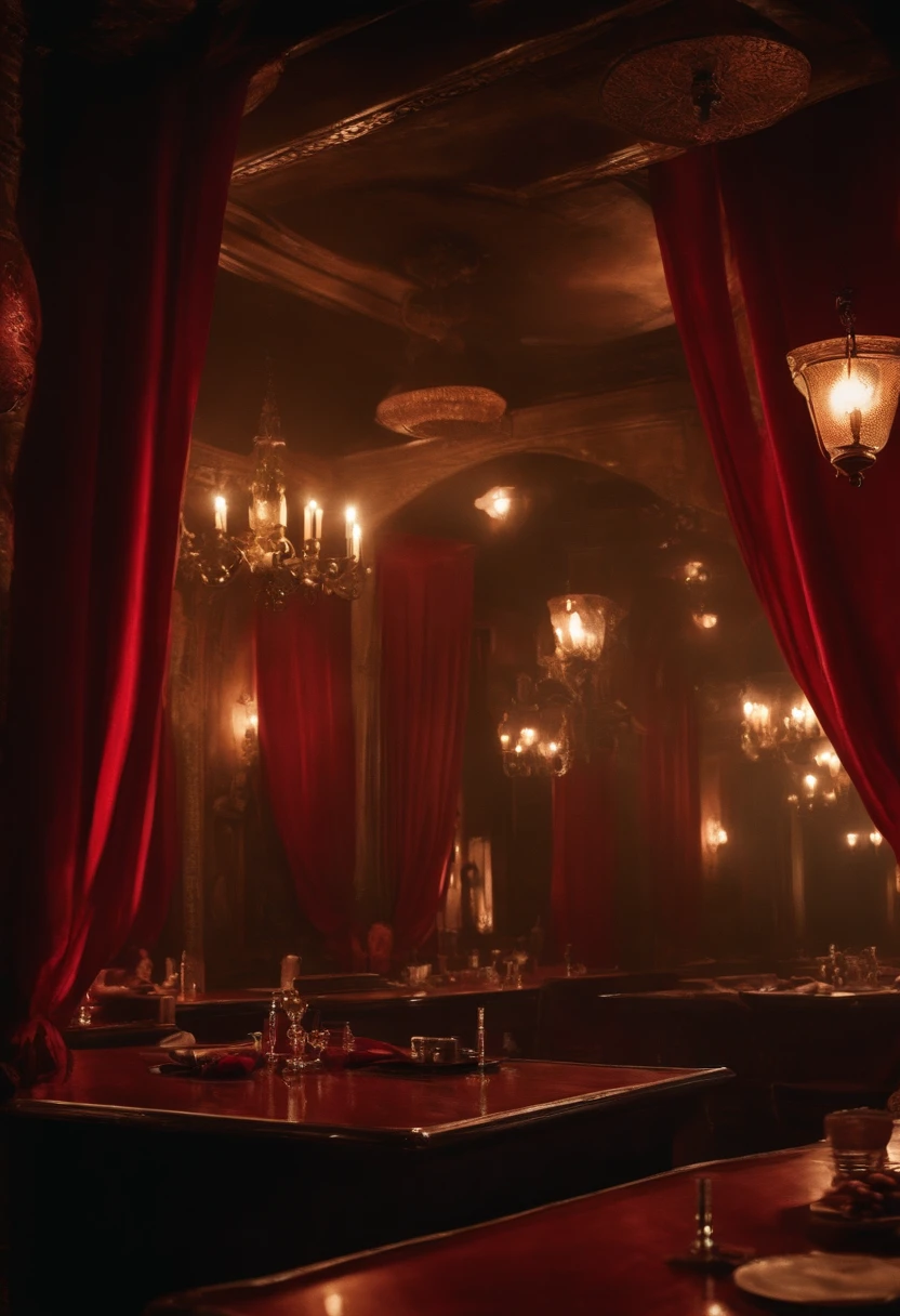[1] = A film poster From Dusk Till Dawn - The Titty Twister Bar in evidence crawling with vampires
[2] = An artistic representation of The Titty Twister Bar, where vampires gather, bathed in a surreal, otherworldly light. The bar's interior is adorned with crimson velvet, decadent statues, and eerie paintings of demonic figures. Shadows dance on the walls as vampires move in for the kill.
[3] = The Titty Twister Bar exists in a realm between reality and the supernatural. The environment is a seductive blend of opulence and decay, with crimson curtains billowing in an unseen breeze and the scent of blood lingering in the air.
[4] = The mood is a dark, seductive, and ominous blend of sensuality and danger. The atmosphere crackles with an unsettling eroticism as vampires prepare to feast.
[5] = Surrealistic painting with cosmic elements
[6] = Painted with acrylics on a large canvas, employing a combination of bold brushstrokes and delicate detailing. Special lighting effects will be added to give the painting an otherworldly feel.
[7] = No realistic photography, no daylight, no ordinary bar decor, no ordinary lighting, no mundane elements.