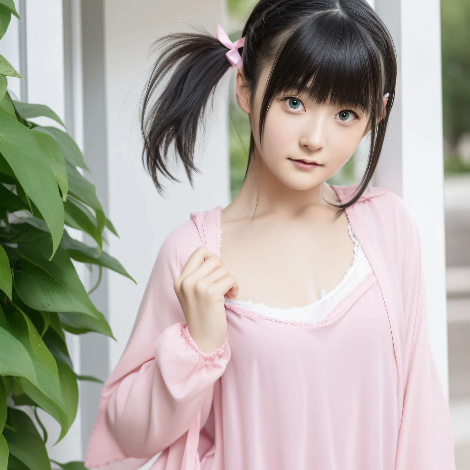 Loli anime girl in pink wet clothes, Realistic Shadows, Detailed skin, Very small breasts, Black hair, Hair Ribbon, Very detailed, 8K highly detailed face, Perfect face shape, Perfect lips, Perfect nose, Correct beautiful eyes, Watching Viewer, masutepiece, Best Quality, Single Girl, No bra, No panties, Solo