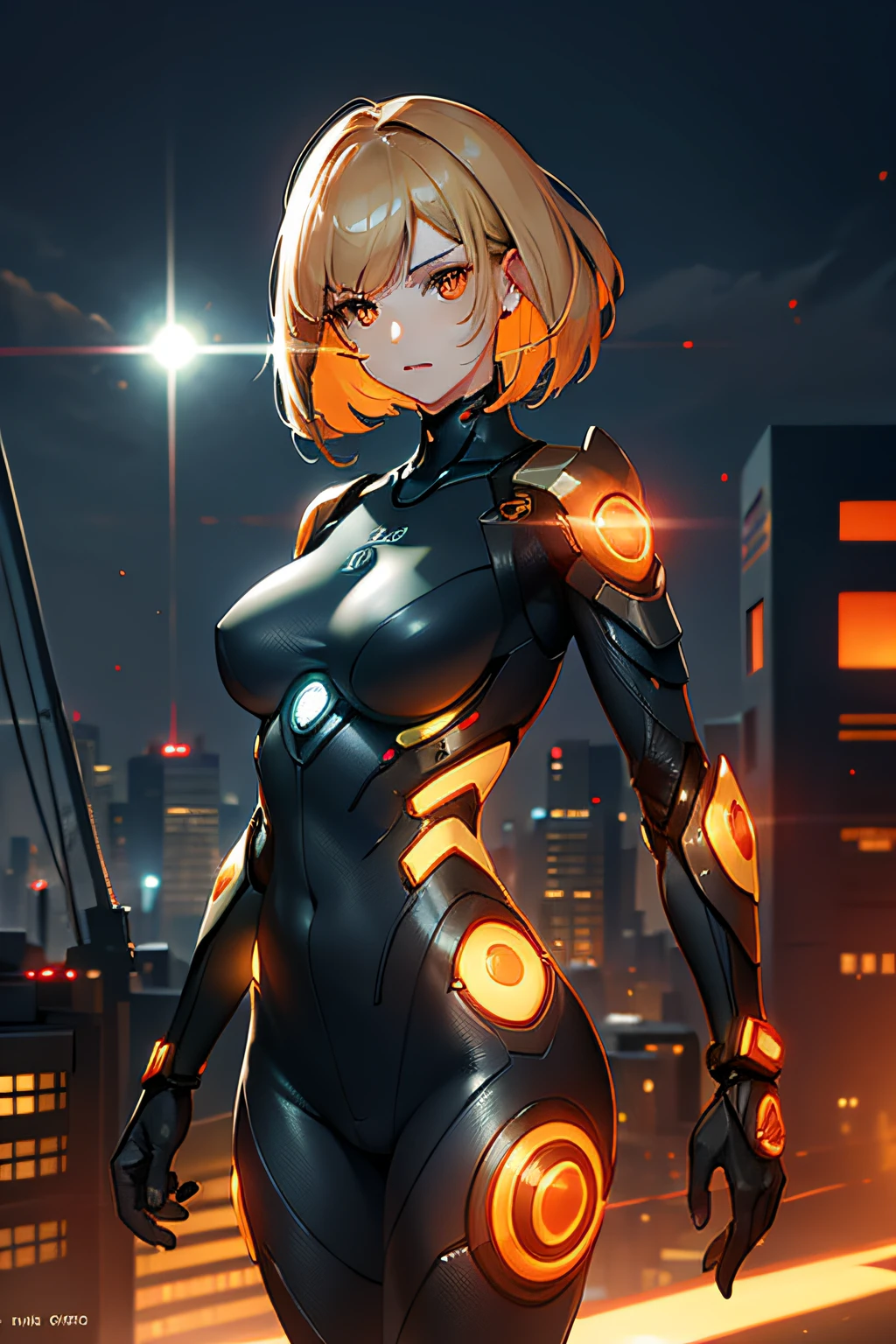 Cyber girl with cybernetic arms and glowing orange eyes, Standing in a post-apocalyptic cityscape.Surrounded by a network of wires. Glossy light brown and orange striped shorthair,.Perfect face,Holding a blue glowing Japan sword,Proper body proportion,masutepiece,Super high-quality output images,hight resolution,Intricate details,Very delicate and beautiful hair,photos realistic,Dreamy,Professional Lighting,realistic shadow,Solo Focus,Beautiful hands,Beautiful fingers,Detailed finger features,detailed clothes features,Detailed hair features,detailed facial features,