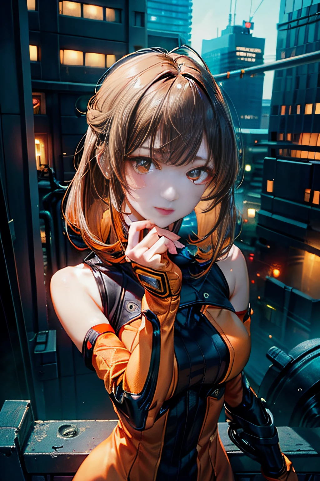 Cyber girl with cybernetic arms and glowing orange eyes, Standing in a post-apocalyptic cityscape.Surrounded by a network of wires. Glossy light brown and orange striped shorthair,.Perfect face,Perfect face,Proper body proportion,masutepiece,Super high-quality output images,hight resolution,Intricate details,Very delicate and beautiful hair,photos realistic,Dreamy,Professional Lighting,realistic shadow,Solo Focus,Beautiful hands,Beautiful fingers,Detailed finger features,detailed clothes features,Detailed hair features,detailed facial features,