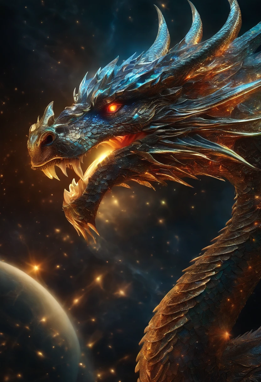cosmic dragon, olhos claros brilhantes, Biomechanicals, estranho, assustador, Pesadelo, cores muito brilhantes, light particles, com luz brilhante, Mshiff, Arte do papel de parede, Papel de parede UHD