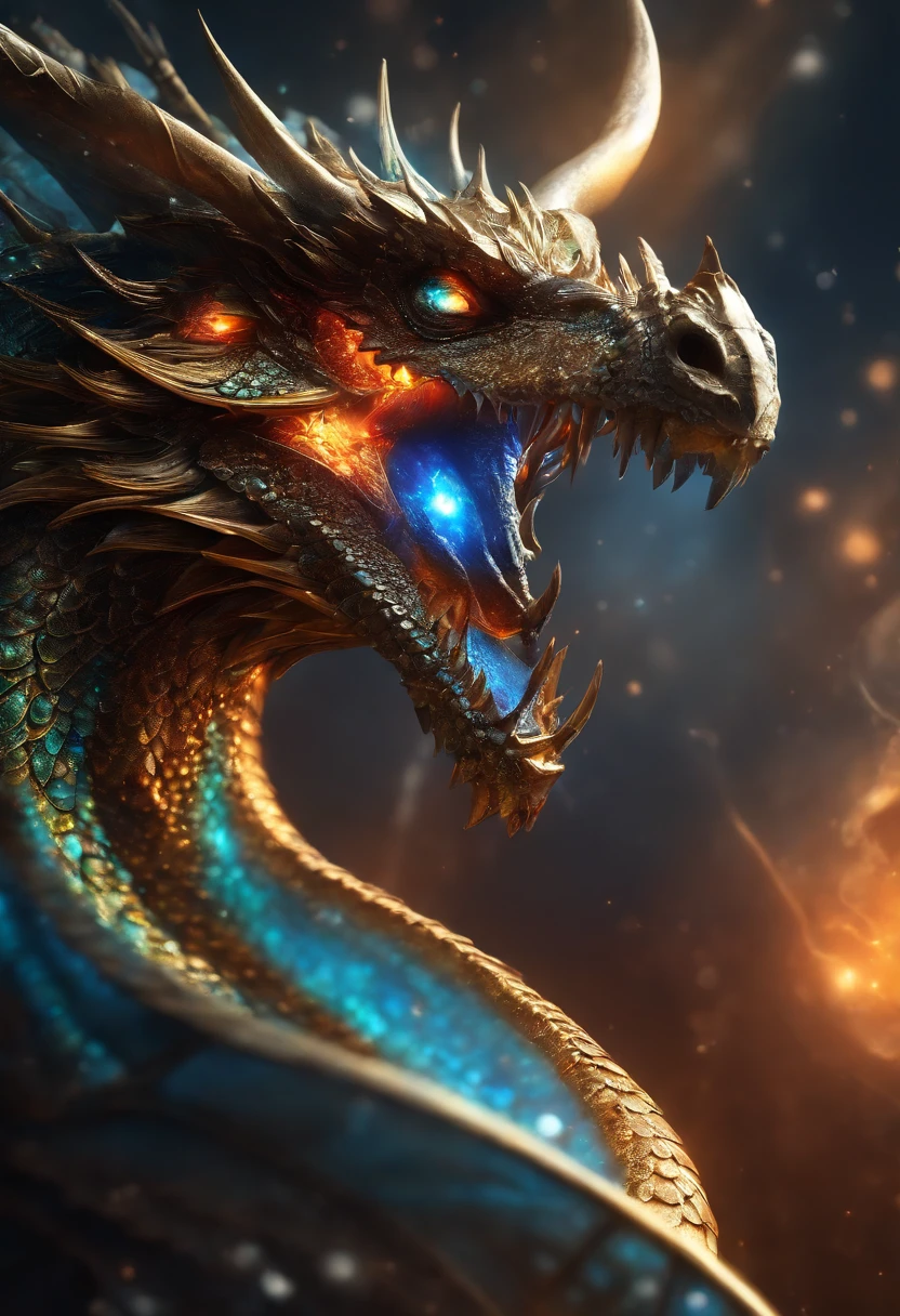 cosmic dragon, olhos claros brilhantes, Biomechanicals, estranho, assustador, Pesadelo, cores muito brilhantes, light particles, com luz brilhante, Mshiff, Arte do papel de parede, Papel de parede UHD