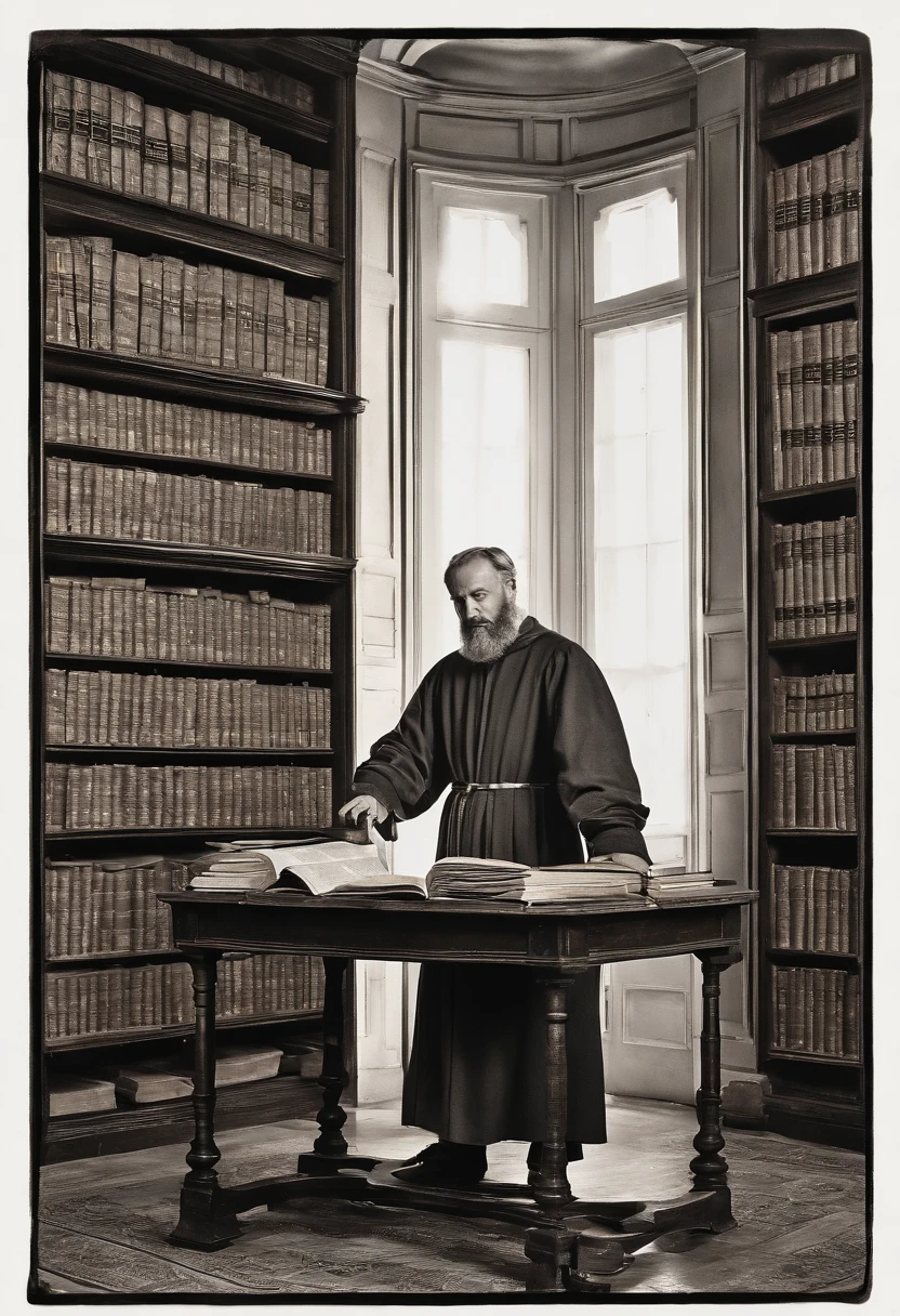 "Na sala de estudos de Martinho Lutero, a modest and cozy space within your monastery, We find the reformer sitting at the table. The room is lit by the soft light of candles, criando uma atmosfera tranquila e contemplativa. Luther is immersed in his studies, leafing through a Bible translated into German that he produced himself.
He is an imposing figure, with a serious and deep expression, evidencing his dedication to the pursuit of truth. His hand rests on a copy of the Bible as he regards the sacred words with reverence. The room is filled with books stacked on wooden shelves, demonstrando seu compromisso com o estudo e o ensino das Escrituras.
As the Protestant Reformation begins to take shape, Martinho Lutero, with his sharp mind and his devotion to the faith, He is a central figure at this critical moment in religious history."
