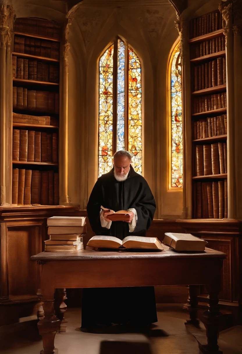 "Na sala de estudos de Martinho Lutero, a modest and cozy space within your monastery, We find the reformer sitting at the table. The room is lit by the soft light of candles, criando uma atmosfera tranquila e contemplativa. Luther is immersed in his studies, leafing through a Bible translated into German that he produced himself.
He is an imposing figure, with a serious and deep expression, evidencing his dedication to the pursuit of truth. His hand rests on a copy of the Bible as he regards the sacred words with reverence. The room is filled with books stacked on wooden shelves, demonstrando seu compromisso com o estudo e o ensino das Escrituras.
As the Protestant Reformation begins to take shape, Martinho Lutero, with his sharp mind and his devotion to the faith, He is a central figure at this critical moment in religious history."