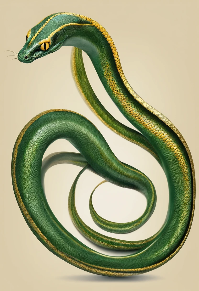 Design a modern-looking surgery scalpel, colocado verticalmente no centro da imagem. The scalpel should have a sharp, shiny blade, with realistic details on its handle and a surgical light shining on it. Ao longo do corpo do bisturi, comece a desenhar uma serpente verde, with detailed scales and an expression of curiosity in his eyes. A serpente deve estar enrolada ao redor do bisturi de forma suave e fluida, como se estivesse explorando-o com interesse. Adicione toques de brilho e luz refletindo nas escamas da serpente para enfatizar seu aspecto artificial. A serpente deve parecer intrigada, como se estivesse estudando o bisturi com uma IA incorporada, exhibiting a sense of connection between nature and technology. Make sure that the overall composition of the image is balanced and pleasing to the eye, com um fundo neutro que destaque o bisturi e a serpente em destaque
