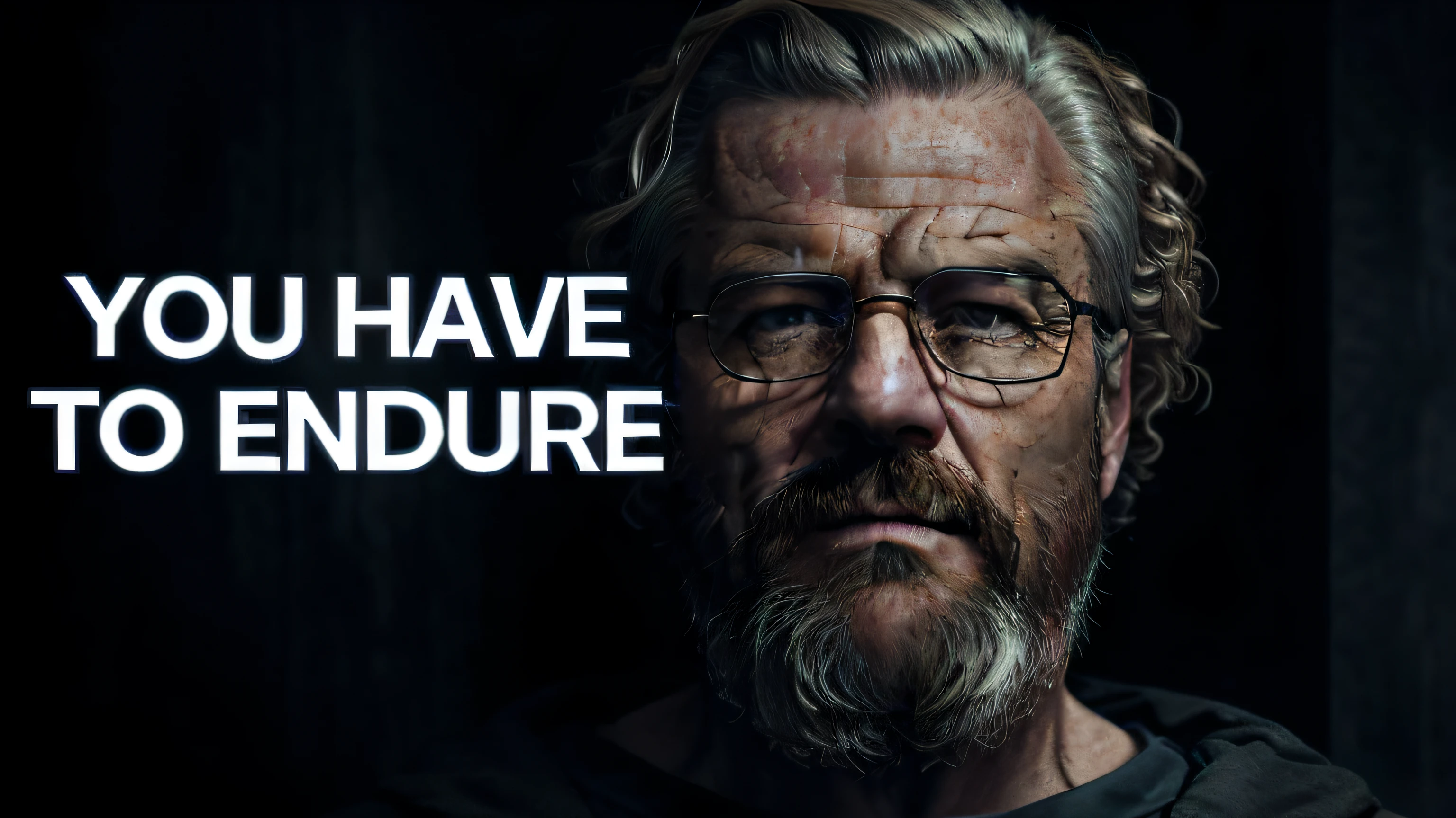 a man with a beard and a beard in a black background with the words you have to endure, realistic 8k bernini sculpture, stoic attitude, houdini-hard-surface, masterpiece contrite conundrum, houdini 3 d render, stoicism, houdini & photoshop, godlike and stoic, adventure hyper realistic render, houdini vfx, zenon of Citio