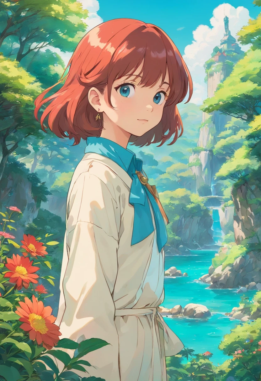 uma menina usando um colar de anime, um colar longo e brincos, no estilo de paisagens de jardim tranquilas, animated color photos, Masami Teraoka, aquamarine, Paulo Gauguin, Estilo Embry, retrato honesto