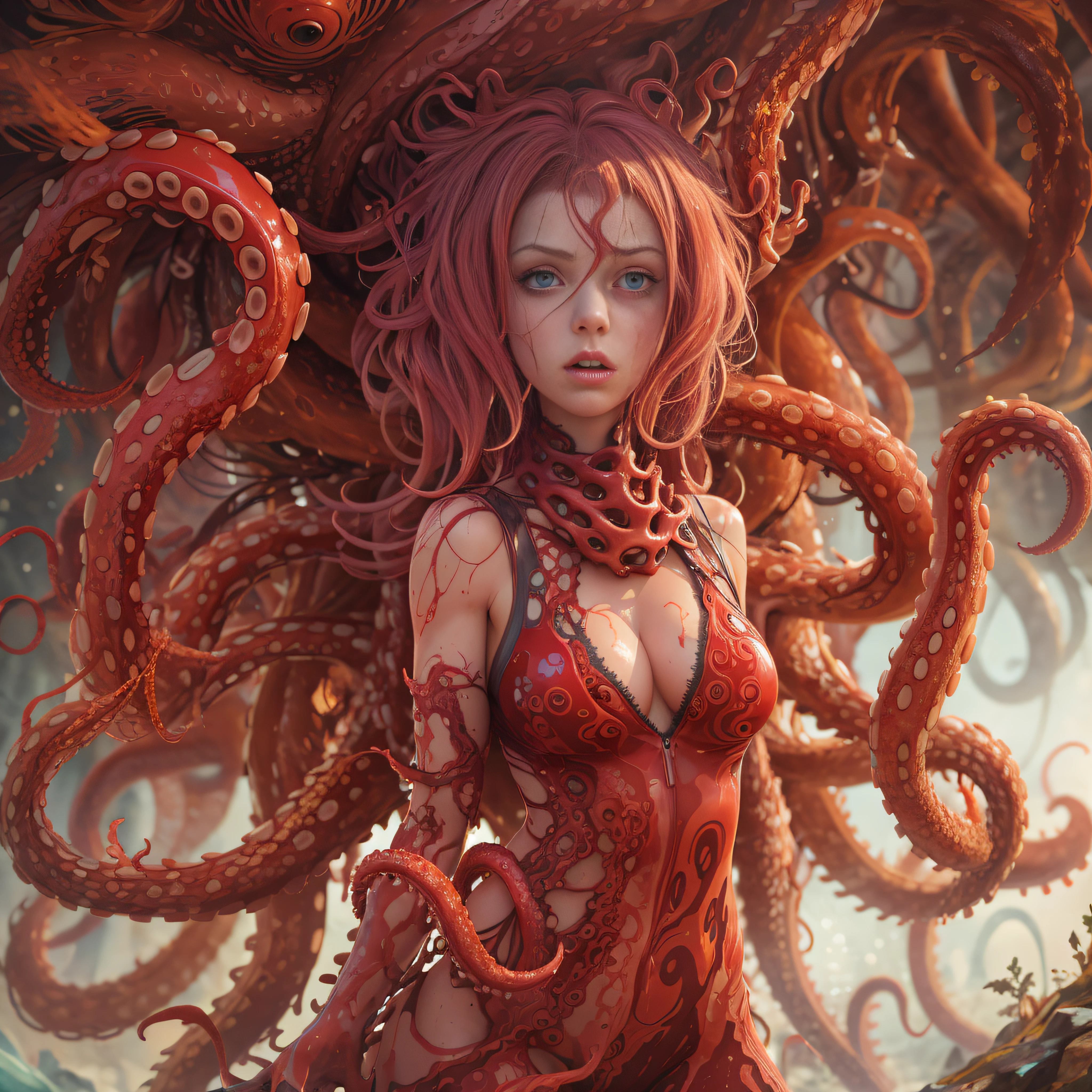 {{ red tentacles are deep into ass and of girl}} ,{{ red and wet }}, red tentacles all around, {{ tentacles penetrate the }} , girl feels good, {{{ girl is looking to camera, girls boobs are visible, girls face turned to the viewer, girls body turned to the viewer }}} {{ the girl's hands are realistic, the girl's hands are whole, the girl's hands are healthy }} squirting, , cute, sexy figure, {{ tentacles are whole and healthy }} correct body proportions, insane cg