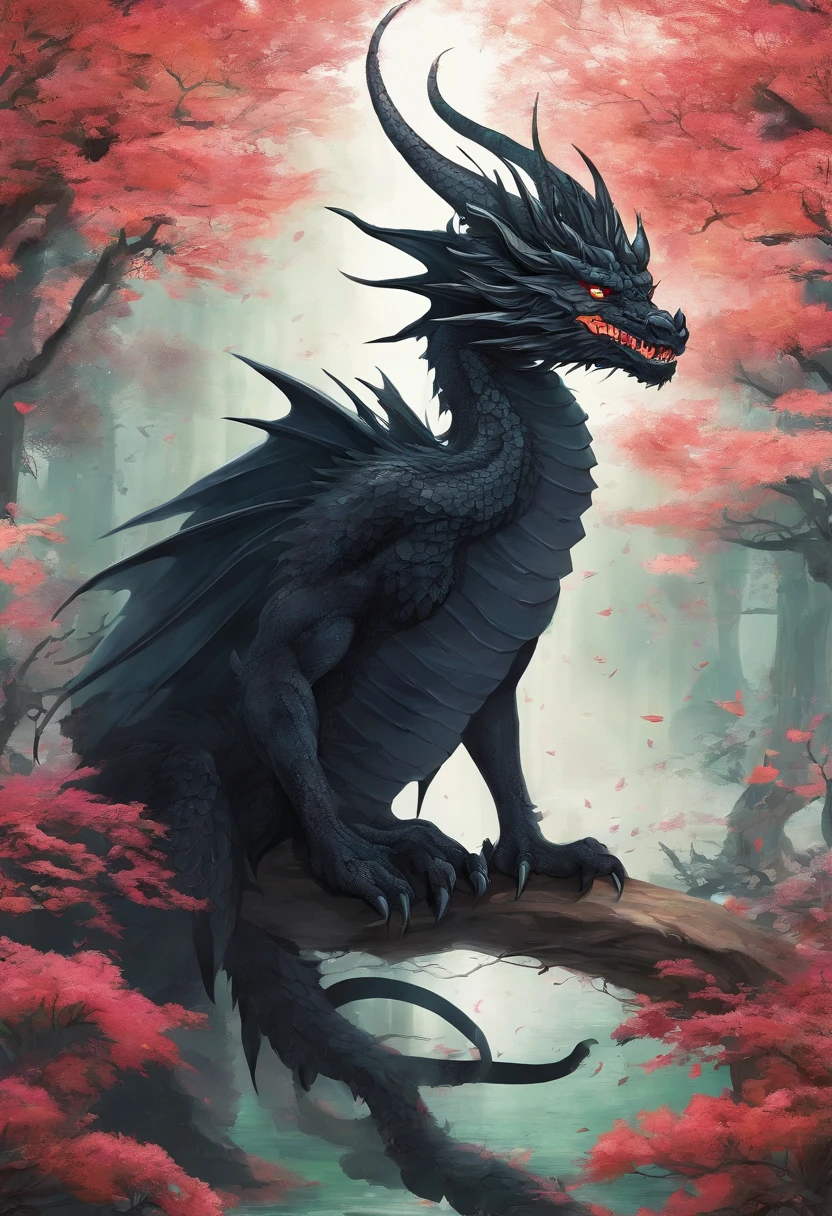 Draw a black dragon with hazy eyes. Don't forget the large, elegant wings with white membranes and sharp white claws, com a ponta da cauda pontuda e branca. Make sure the dragon scales are detailed and distinct, giving it an imposing appearance, whose form is that of a more or less defined dragon. In a magical forest setting with tall, lush trees. Add details of moss and colorful flowers on the ground. Make sure the environment conveys a sense of mystery and magic.
