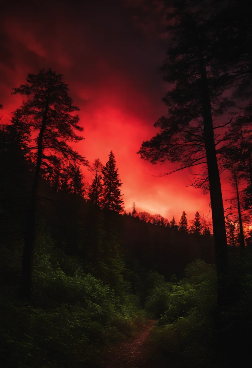 Crie uma imagem de uma casa mal assombrada no meio da floresta, Escuro, Dark forest with red clouds in the night sky