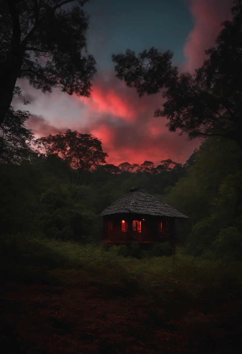 Crie uma imagem de uma casa mal assombrada no meio da floresta, Escuro, Dark forest with red clouds in the night sky