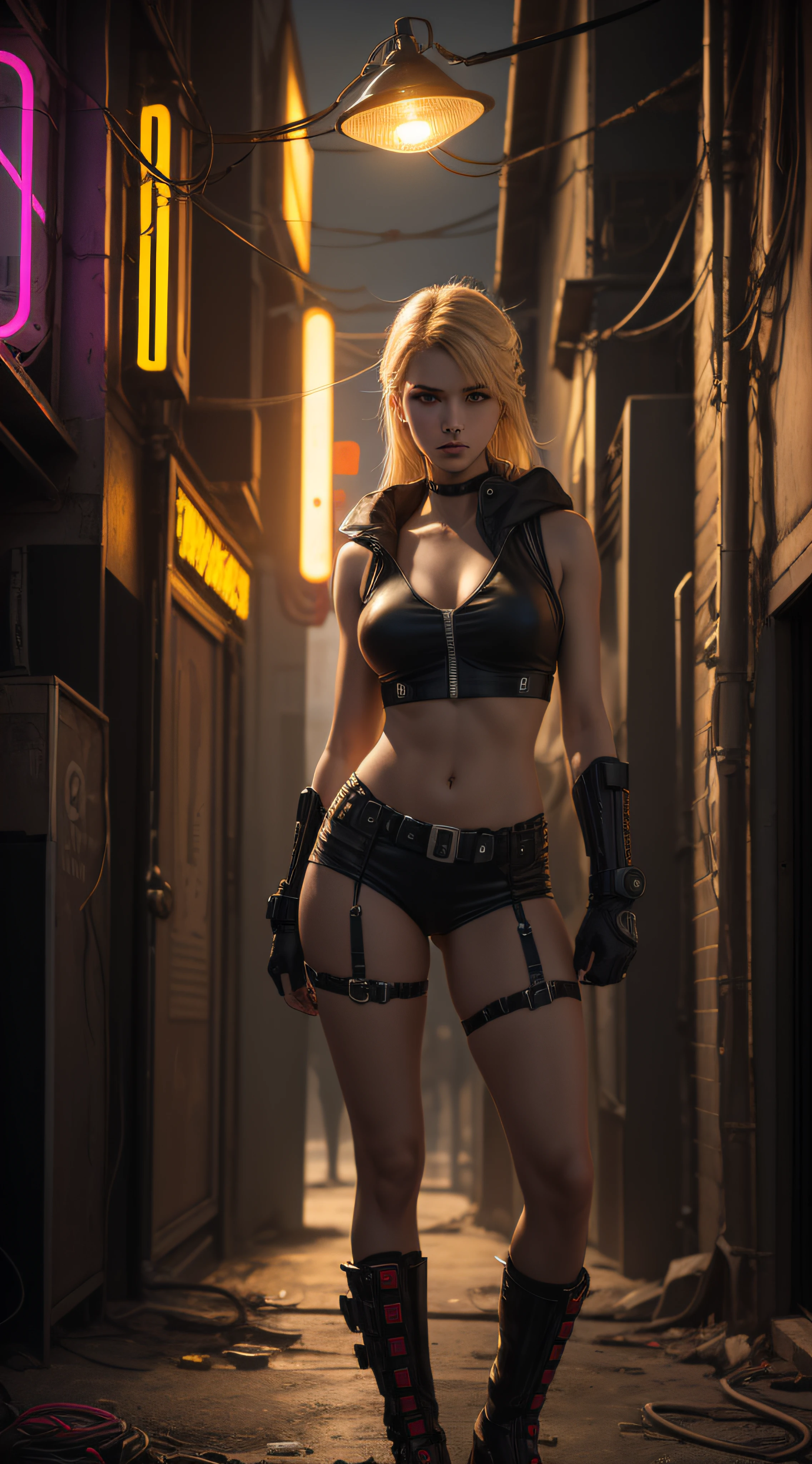 (extremadamente detallado, obra maestra, La mejor calidad), intense illumination, mujer joven rubia dentro de exoesqueleto cyberpunk. luces de neon, cables, entorno industrial. armamento pesado, Giant fists. Luz de caravaggio.