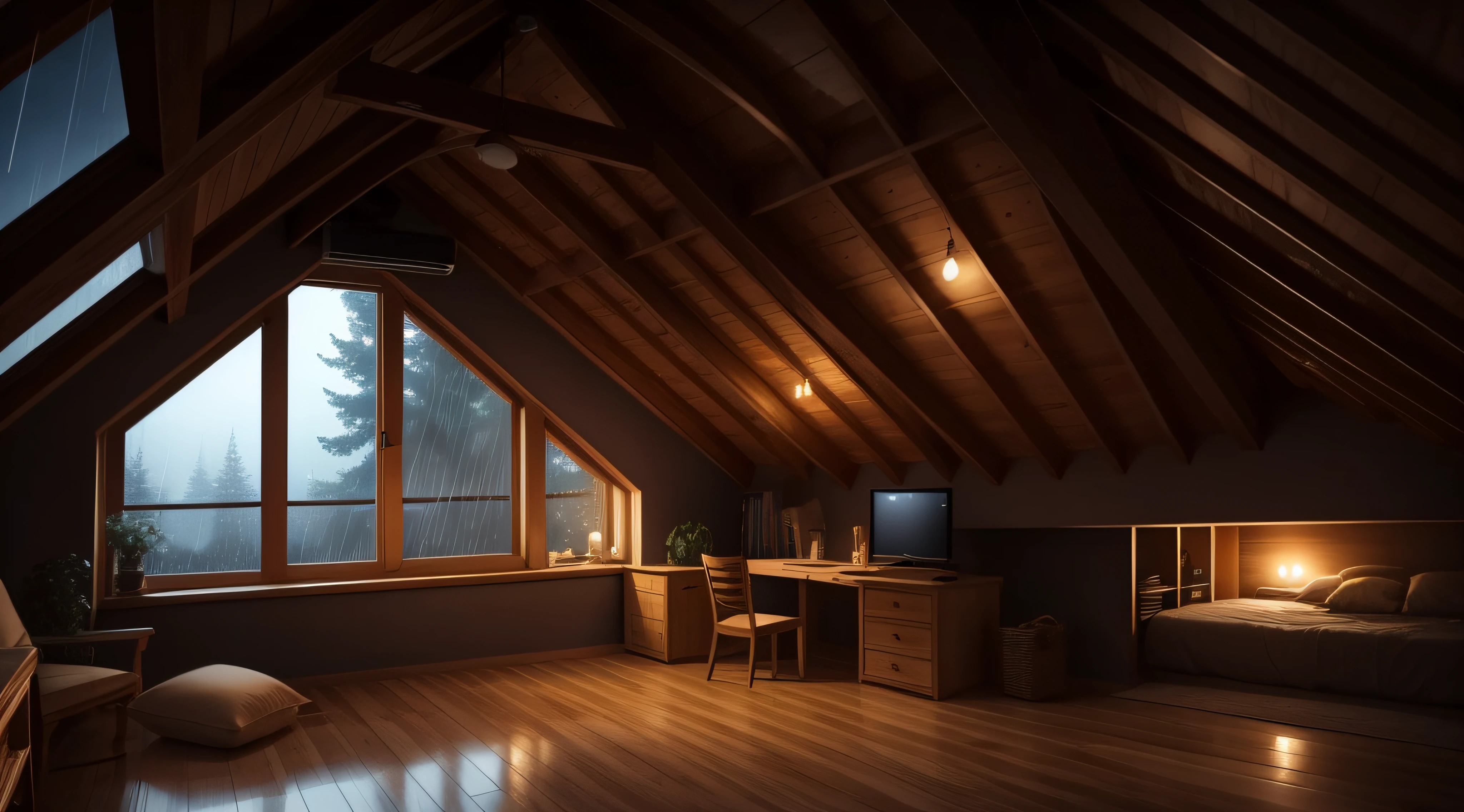 Cozy attic at night with window on the roof falling rain