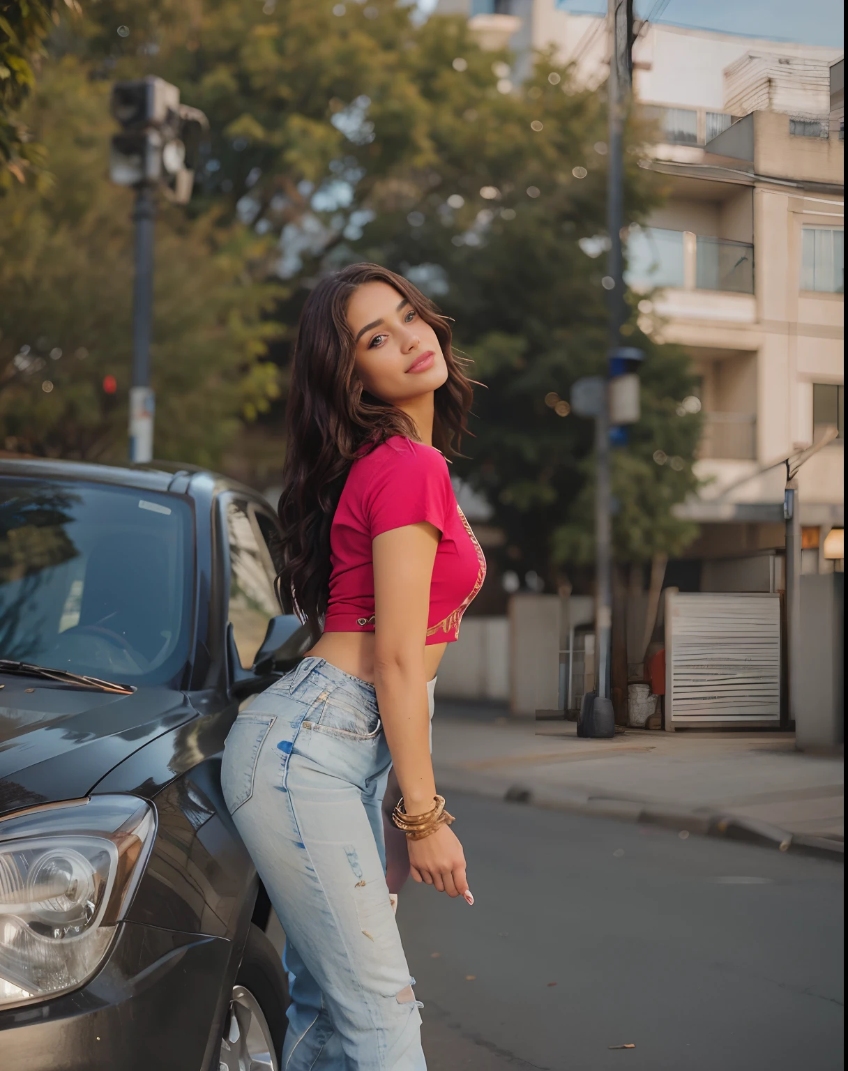 An urban adult female with a messy layered bob of long and curly brown hair, warm brown eyes reflecting compassion and kindness. Her self-assured demeanor and graceful figure exude elegance as she stands before an impressive urban white shirt and blue jeans . Clad in a sophisticated dark brown office frock and gladiator heels, she remains resolute in the face of an apocalyptic wind and weather. The photorealistic image captures her captivating presence amidst the chaos, and the sparkling eyes draw viewers into the compelling visual narrative of strength and determination , mixed race , smiling , looking away , 18 years old .
