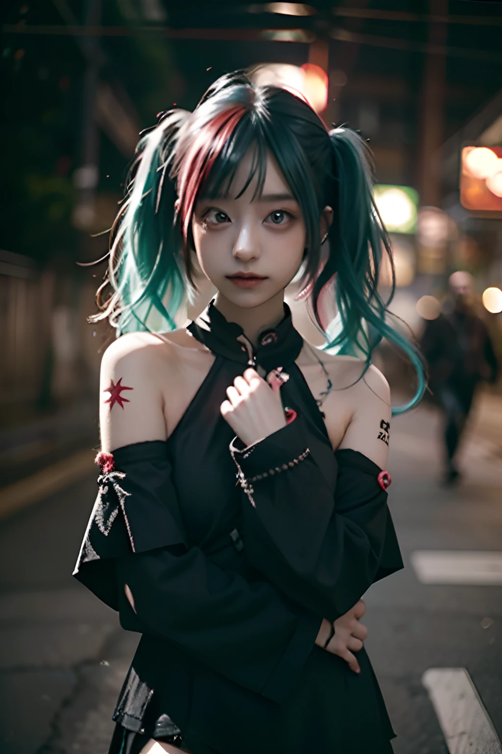 A MILF、huge tit、Photorealsitic, hight resolution, miku hatsune、Green hair、The bikini、Sleeveless、The tattoo、bright red、Really red、Red、Red-haired、rot、red hairs、head phone、🎧、goth_punk, 1girl in, 独奏, medium shot, Walking in Harajuku, ((during night)), bokeh dof, Neon light, Iridescent eyes, starrysky, red glowing hair, Black eyebrows, Radiant hair, (iridescent red hair), 耳Nipple Ring, bangss, jewely,, bluntbangs, verd s eyes, blurry backround, bblurry, hair adornments, Look at viewers, shorth hair, portraitures, side locks