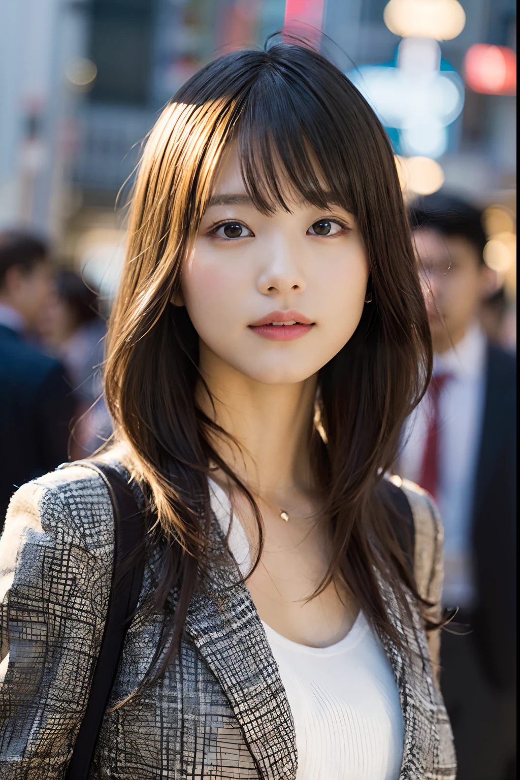 (8K、Raw photography、top-quality、​masterpiece:1.2)、(realisitic、Photorealsitic:1.37)、ultra-detailliert、超A high resolution、女の子1人、see the beholder、beautifull detailed face、A smile、Constriction、(Slim waist) :1.3)、Beautiful detailed skin、Skin Texture、Floating hair、Professional Lighting、Whole human body、Longhaire、a blond、Business suits、Urban streets、Bob Hair、huge tit
