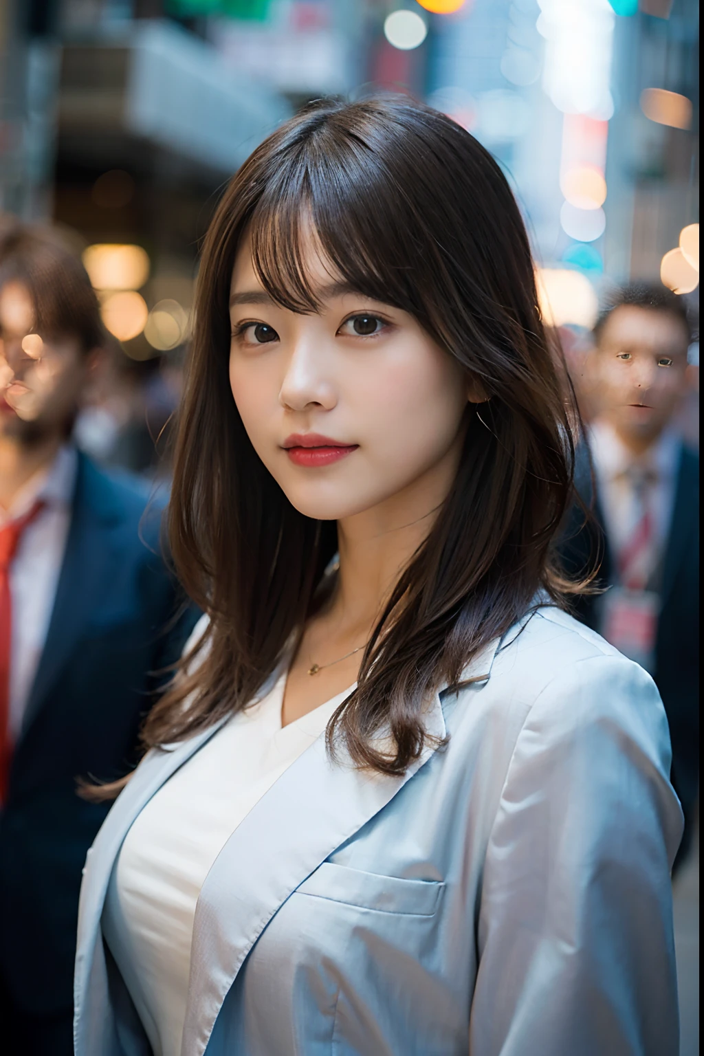 (8K、Raw photography、top-quality、​masterpiece:1.2)、(realisitic、Photorealsitic:1.37)、ultra-detailliert、超A high resolution、1人、see the beholder、beautifull detailed face、A smile、Constriction、(Slim waist) :1.3)、Beautiful detailed skin、Skin Texture、Floating hair、Professional Lighting、Whole human body、Longhaire、a blond、Business suits、Urban streets、Bob Hair、huge tit