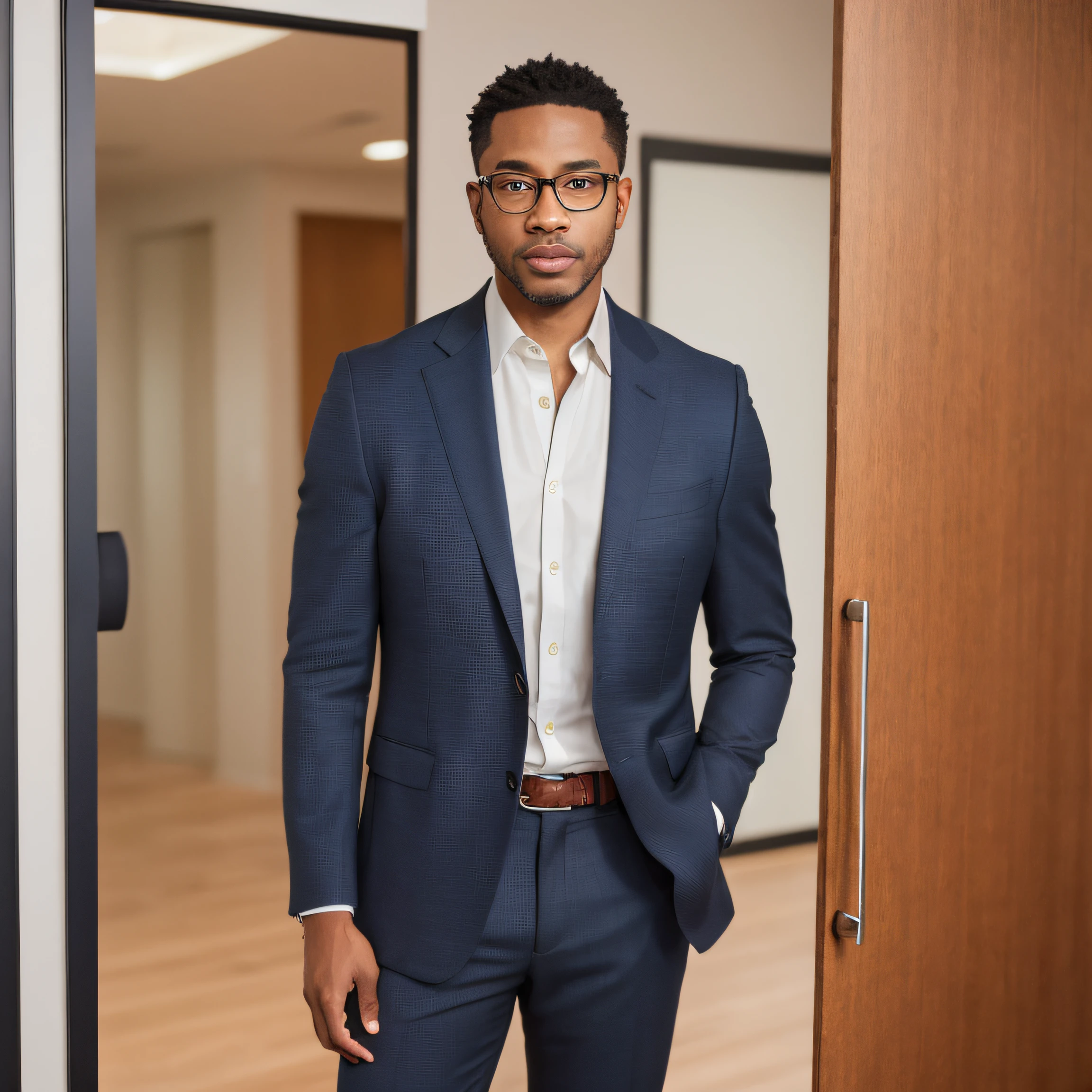 Realistic, (masterpiece, best_quality:1.1), 1 black man wearing glasses standing in front of a glass door with a cross on it, zegna, Drop+7, Double vents, Notch lapels, Flap pockets, 2-button closure, Fully lined, Deconstructed, 100%+Wool, navy, suits, young, wearing a undercloth and tie, oxford knot, solo