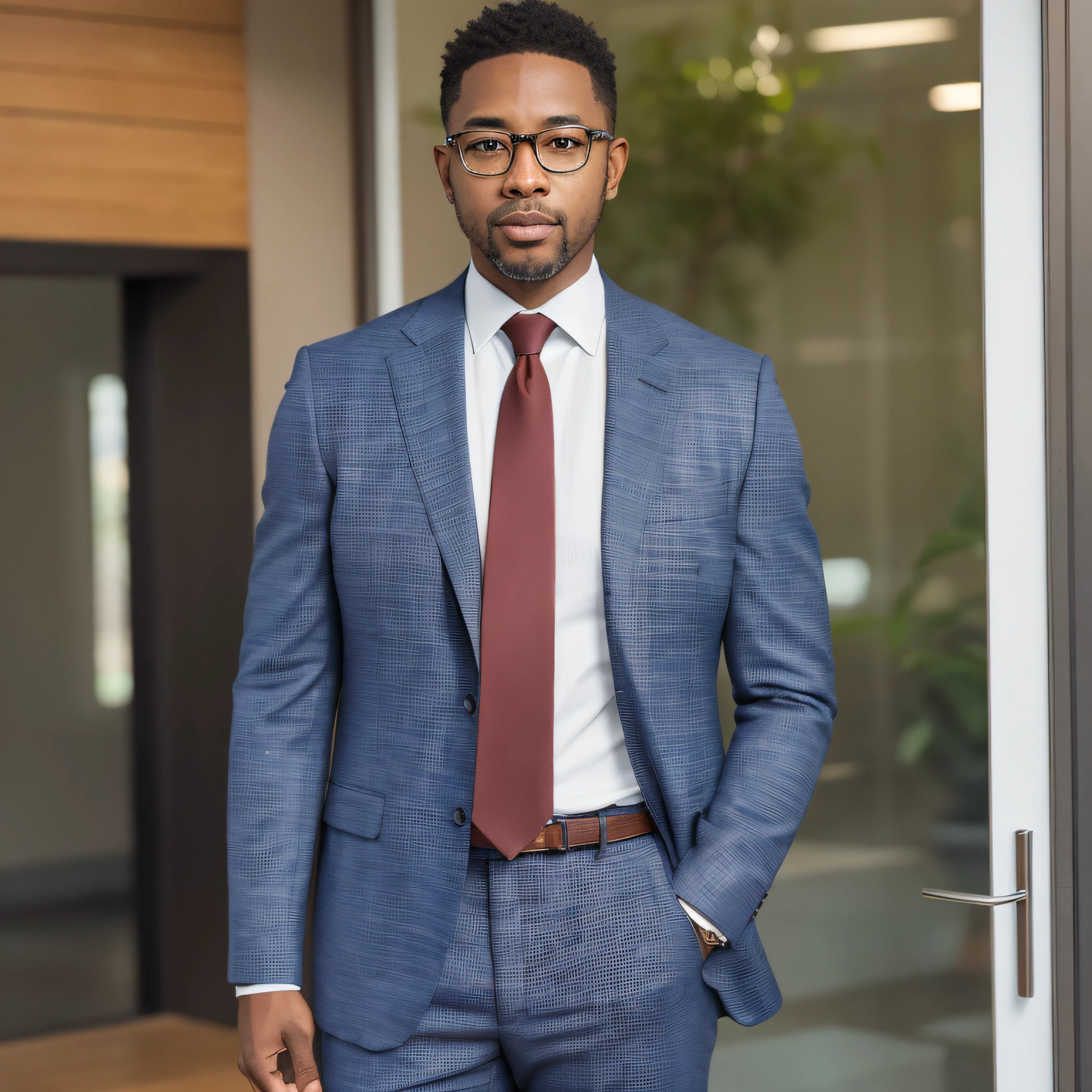 Realistic, (masterpiece, best_quality:1.1), 1 black man wearing glasses standing in front of a glass door with a cross on it, zegna, Drop+7, Double vents, Notch lapels, Flap pockets, 2-button closure, Fully lined, Deconstructed, 100%+Wool, navy, suits, young, wearing a undercloth and tie, oxford knot, solo