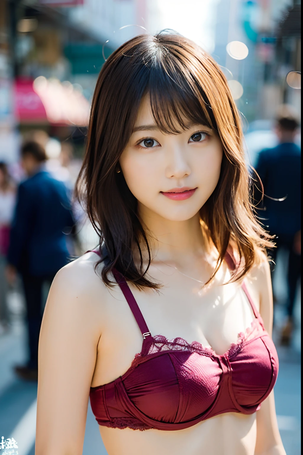(8K、Raw photography、top-quality、masterpiece:1.2)、(realisitic、Photorealsitic:1.37)、ultra-detailliert、超A high resolution、女の子1人、see the beholder、beautifull detailed face、A smile、Constriction、(Slim waist) :1.3)、Beautiful detailed skin、Skin Texture、Floating hair、Professional Lighting、Whole human body、Longhaire、a blond、Wearing a small pink bra、Urban streets、Bob Hair、Colossal tits