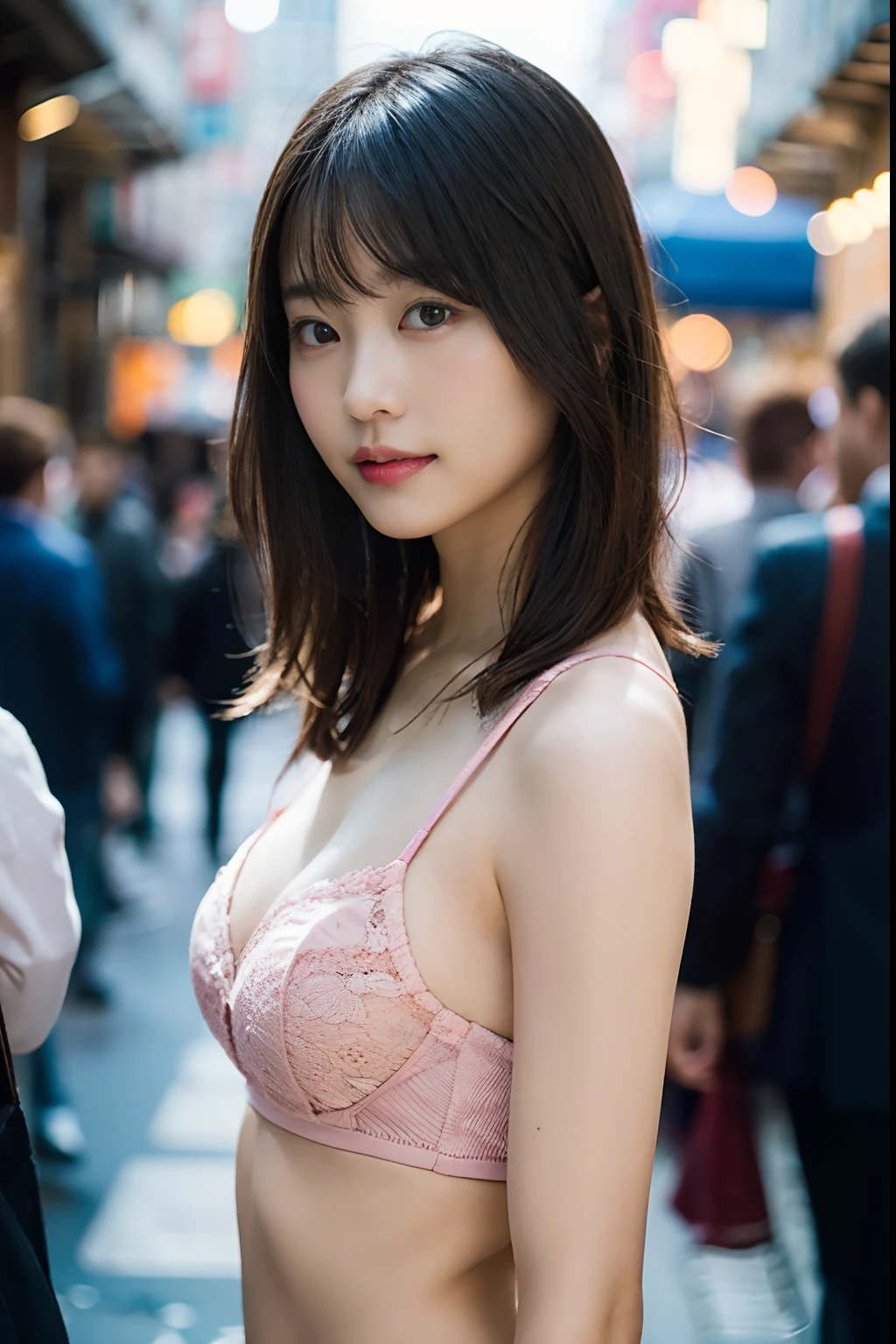 (8K、Raw photography、top-quality、masterpiece:1.2)、(realisitic、Photorealsitic:1.37)、ultra-detailliert、超A high resolution、女の子1人、see the beholder、beautifull detailed face、A smile、Constriction、(Slim waist) :1.3)、Beautiful detailed skin、Skin Texture、Floating hair、Professional Lighting、Whole human body、Longhaire、a blond、Wearing a small pink bra、Urban streets、Bob Hair、Colossal tits