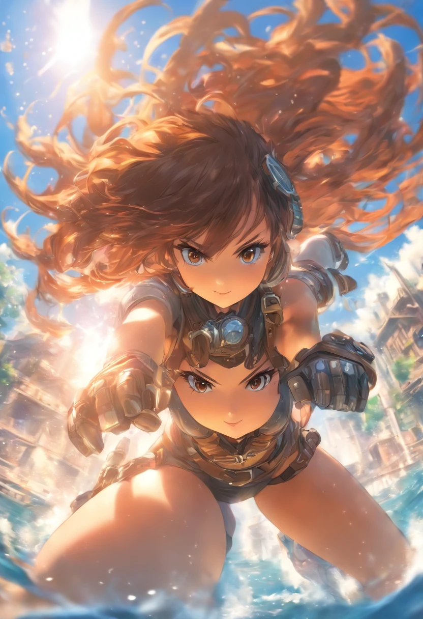 foreshortening, depth of fields, masutepiece, Best Quality, 1girl in, steampunc、Brown hair, Brown eyes, Long hair, mid air, Aero Motorcycle, Solo, Looking at Viewer, School Swimsuit, Swimming, Dappled sunlight,