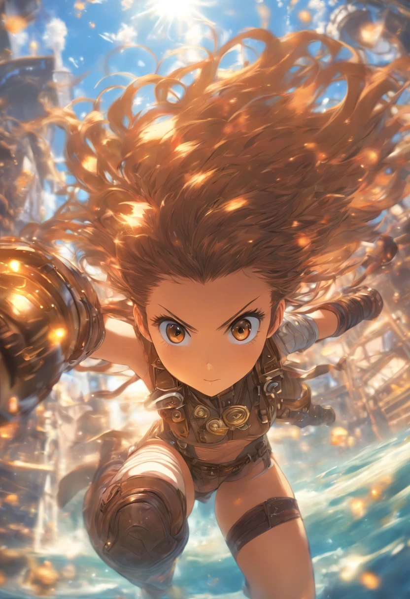 foreshortening,  depth of fields, masutepiece, Best Quality, 1girl in, steampunc、Brown hair, Brown eyes,  Long hair, mid air, Aero Motorcycle, Solo, Looking at Viewer, School Swimsuit, Swimming,  Dappled sunlight,