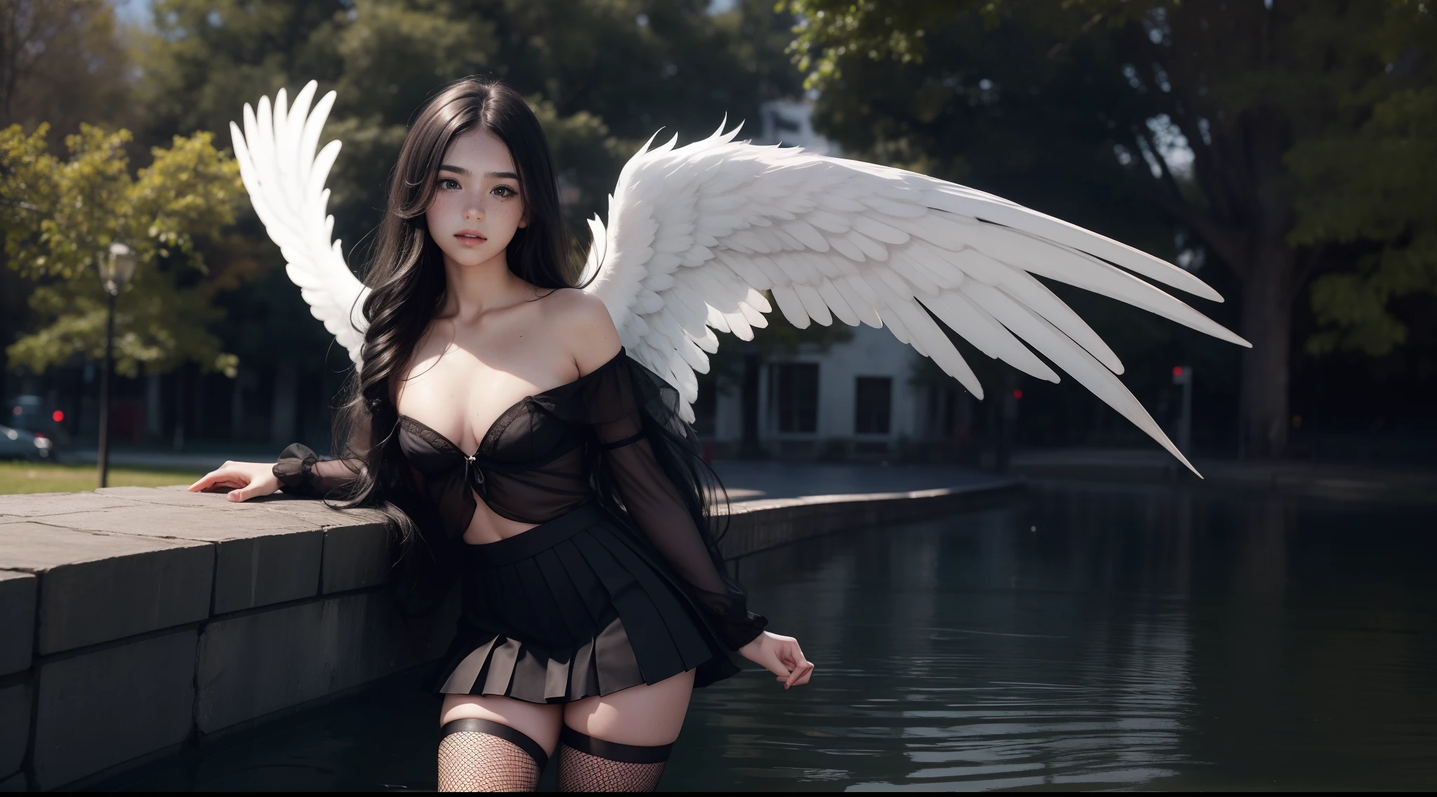 beautiful girl, very white skin, freckles on face, 14 years old, off-the-shoulder shirt, pleated skirt, black fishnet tights, very long hair, wavy hair, small breasts, very large angel wings, lakeside, park, sexy pose , big nail, lots of blood, leaning forward, best quality, high resolution, hyperrealistic, 8K, HDR