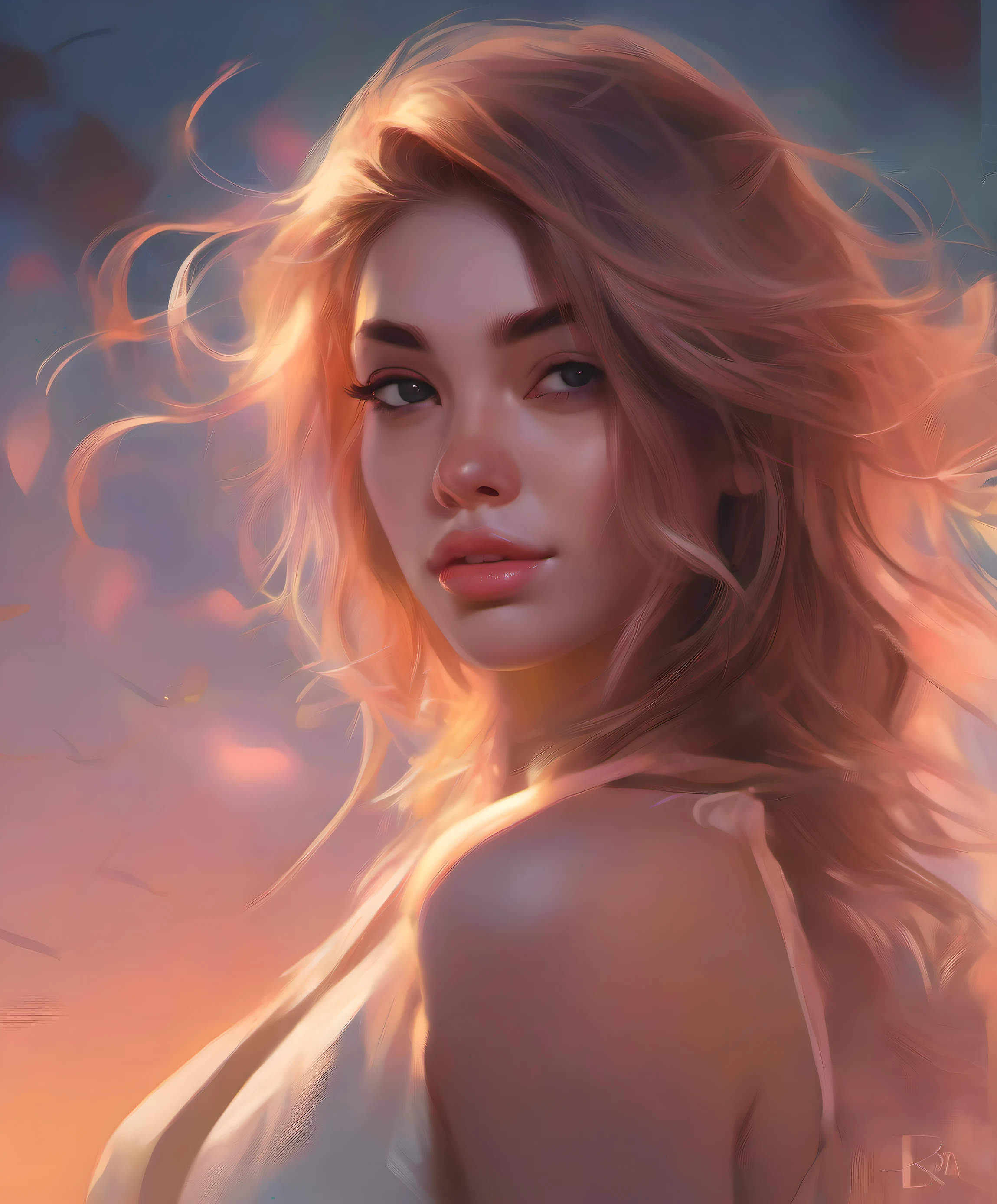 (Una pintura de una mujer con cabello largo), Arte digital, inspirado por Ross Tran, cabello largo y esponjoso y rizado, Soft sunset lighting, Hermoso arte UHD 4K, Vestido y rostro detallados, Chica rosa, Pintura realista de chica linda, Magali Villeneuve' cabello ondulado, Caricatura ultra realista, Imagen besada por el viento, Sakimichan