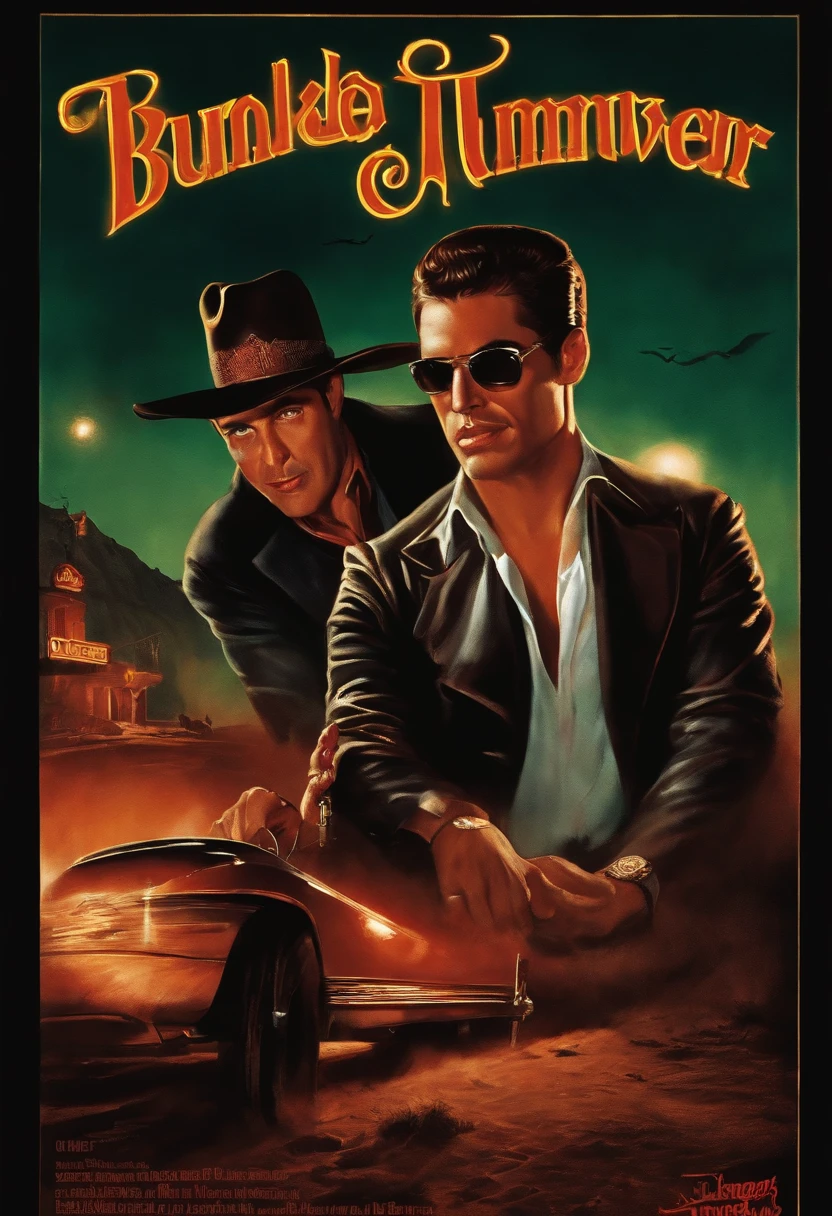 A handsome man with a hat and a black cowboy outfit riding in a car with a cute handsome young man without a shirt at night