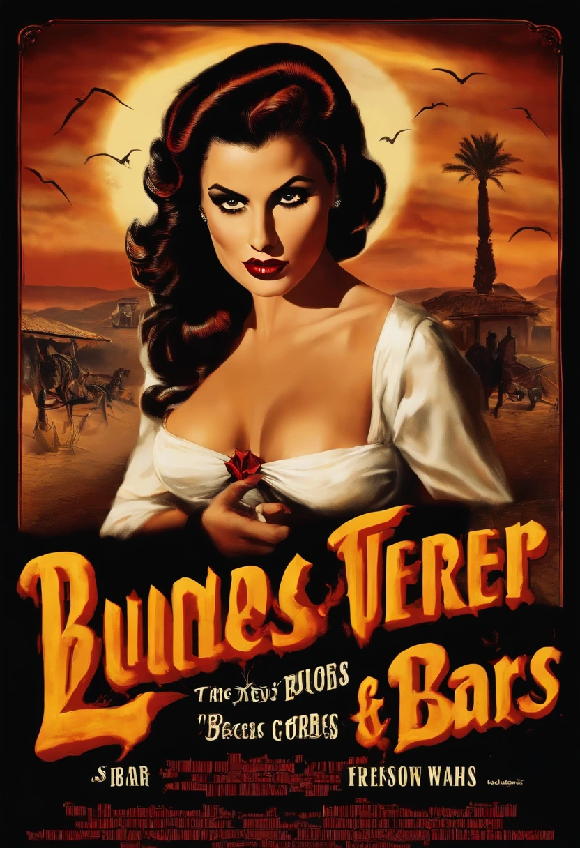 A movie poster from the movie From Dusk Till Dawn showing the Titty Twister Bar in evidence crawling with vampires A cinematic masterpiece showing the sinister dance of the shadows in The Titty Twister Bar, Onde os vampiros se escondem. O luar atravessa buracos de bala nas paredes, casting a haunting glow on poker tables sprinkled with blood and velvet-clad vampires. Bunches of smoke in the air, creating an atmosphere of suspense as the bar's neon sign flashes menacingly. The Titty Twister Bar is a decrepit but seductive den of vices, localizado em um deserto remoto. Luzes neon iluminam a beleza sinistra desta boate, contrasting with the barren landscape outside. A corajosa, Sandy environment adds a layer of danger to the scene. The atmosphere is dense with tension and danger, with vampires ready to attack unsuspecting victims. The air is accused of menacing, and the dimly lit bar exudes a mixture of temptation and dread..