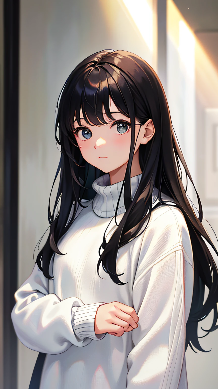 Anime girl with long black hair and white sweater standing in a hallway SeaArt AI