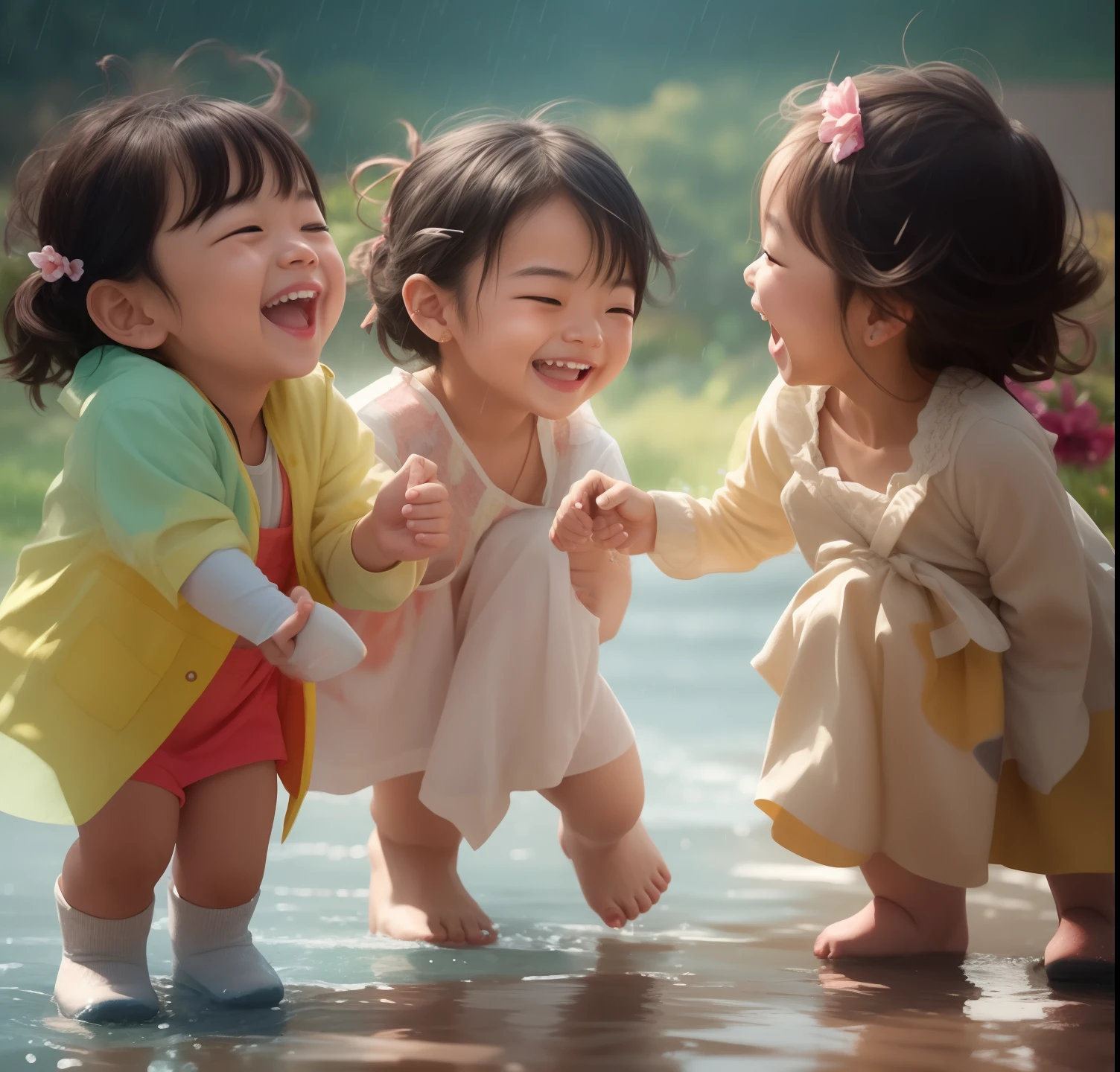 Three girls laughing and laughing in the rain, painting digital adorable, Rindo, some are crying of joy, sorrisos suaves e espantados, Rindo, riso, happy expression, Yanjun Chengt, Ross Tran 8 K, Directed by: Yanjun Cheng, rindo histericamente, sorrindo brincando, feliz e sorridente, arte digital bonito, happy and spirited expression, expressando alegria