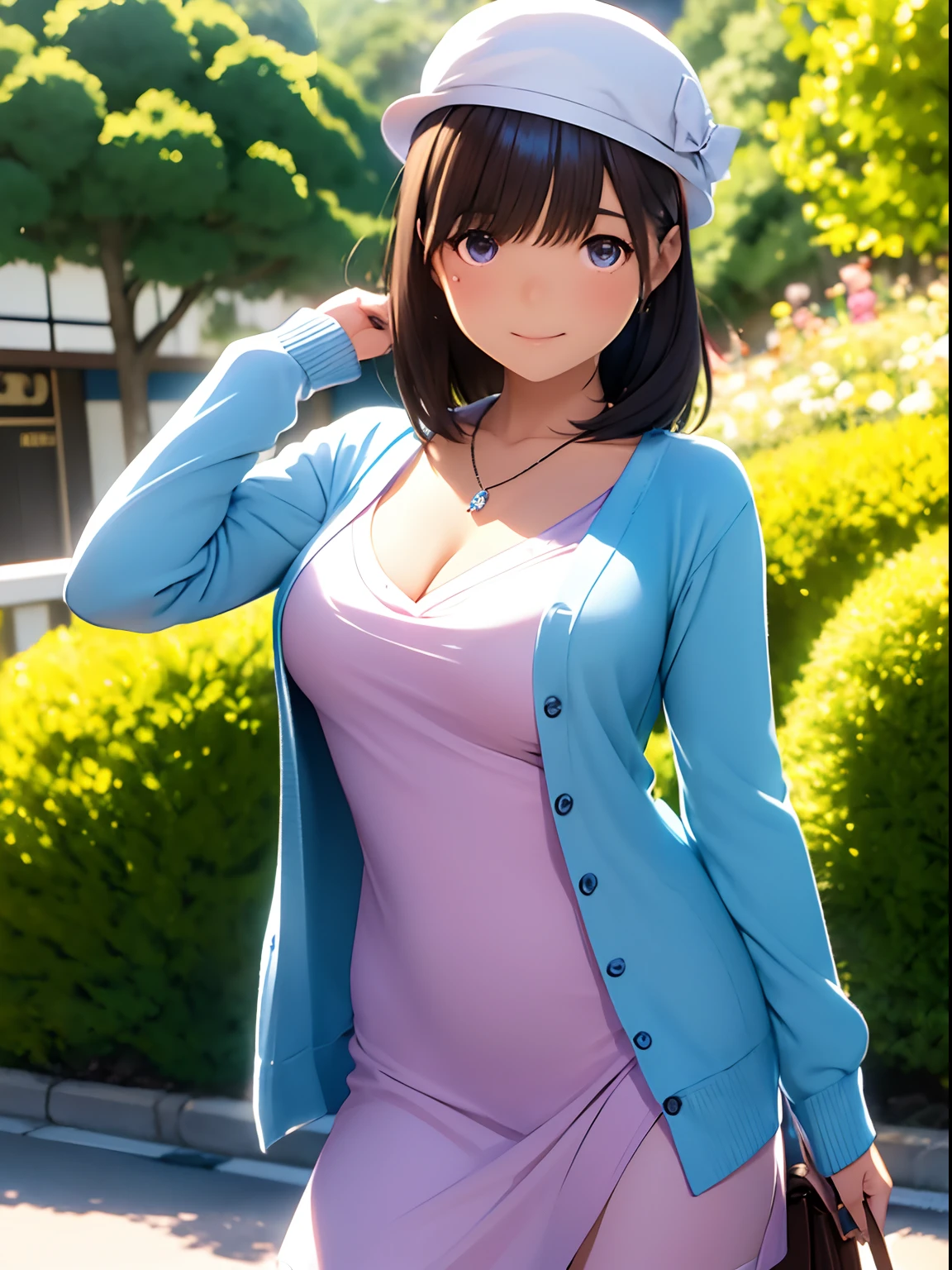 masutepiece,hight resolution,in 8K,Best Quality,detaileds,semi - realistic anime,Anime 3D Style,Smooth Anime CG,1 girl in,20 year old woman in Japan,slim,modeled,shiny chestnut hair,Medium Hair,Detailed face,Beautiful and detailed eyes,Glowing skin ,((Light blue dress)),((Dark blue cardigan)),((Hats)),a necklace,Autumn morning,Cosmos is blooming,Blurry background,portlate
