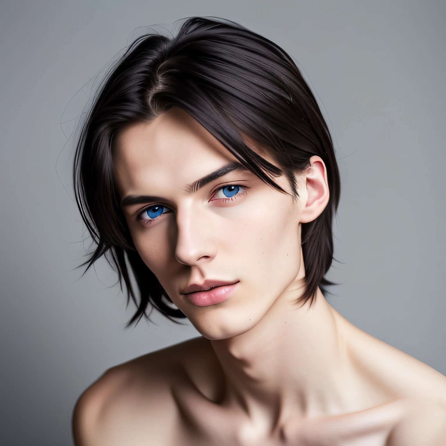 masterpiece, best quality, Male person, Long black hair, Androgynous features and body, slim face, sharp jaw, lean but slightly toned, bright blue eyes. Tall and lanky