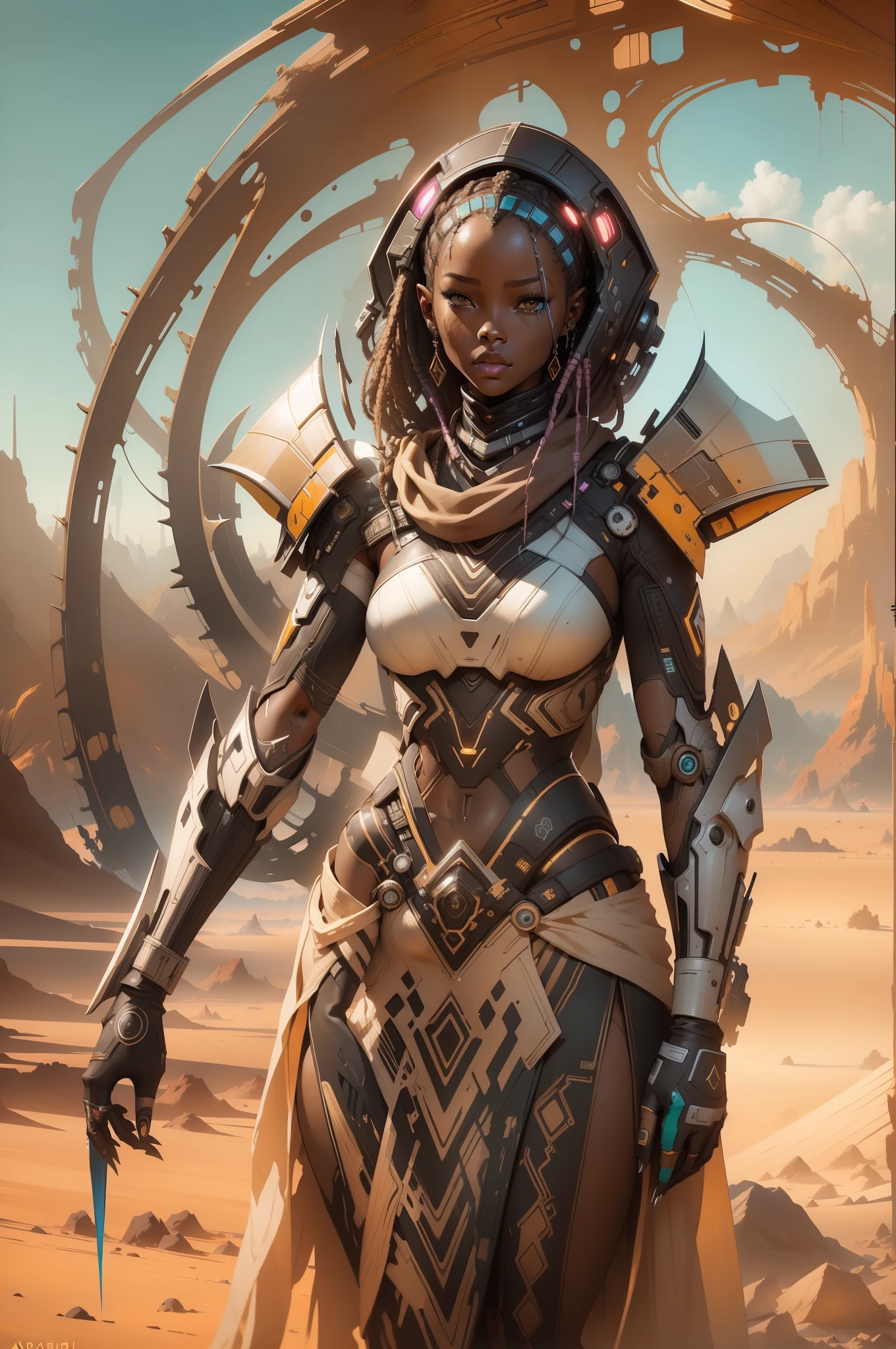 Woman in costume standing in desert, Future Iwaba Young Woman, Beautiful futuristic himba woman, Futuristic Himba age girl, African Woman Android, Beautiful Women of Warframe, Trending in art stations, African Cyberpunk Wizard, karol bak uhd, beautiful full-body concept art, epic sci-fi character art, rossdraws | afro futurism