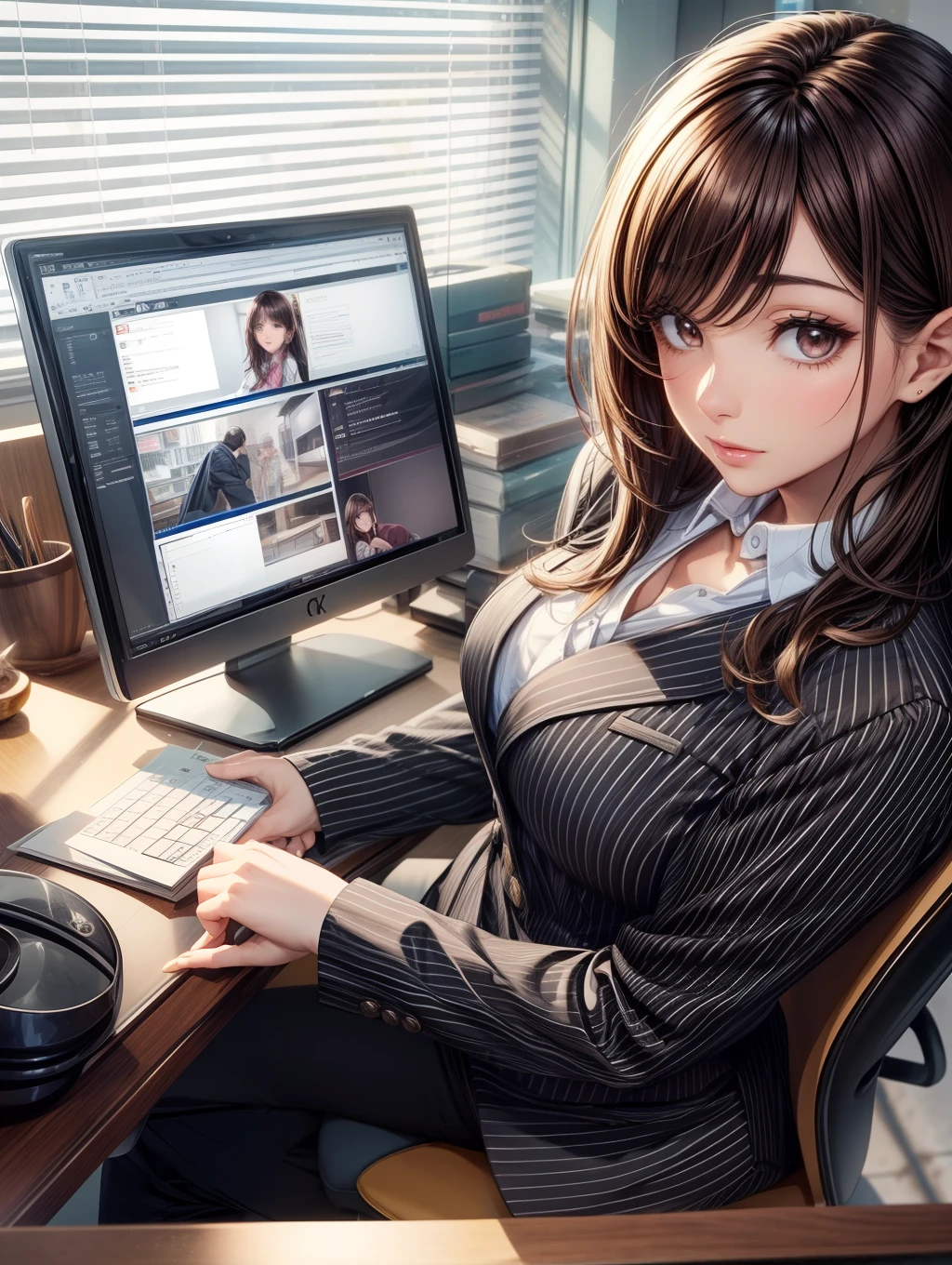 Best Quality, masutepiece, beautiful mature women、Beautiful face、Strong-minded woman、Office Suits、Black pants、brown haired、Brown-eyed、Longhaire、Undersized eyes、Full body like、(((meeting)))