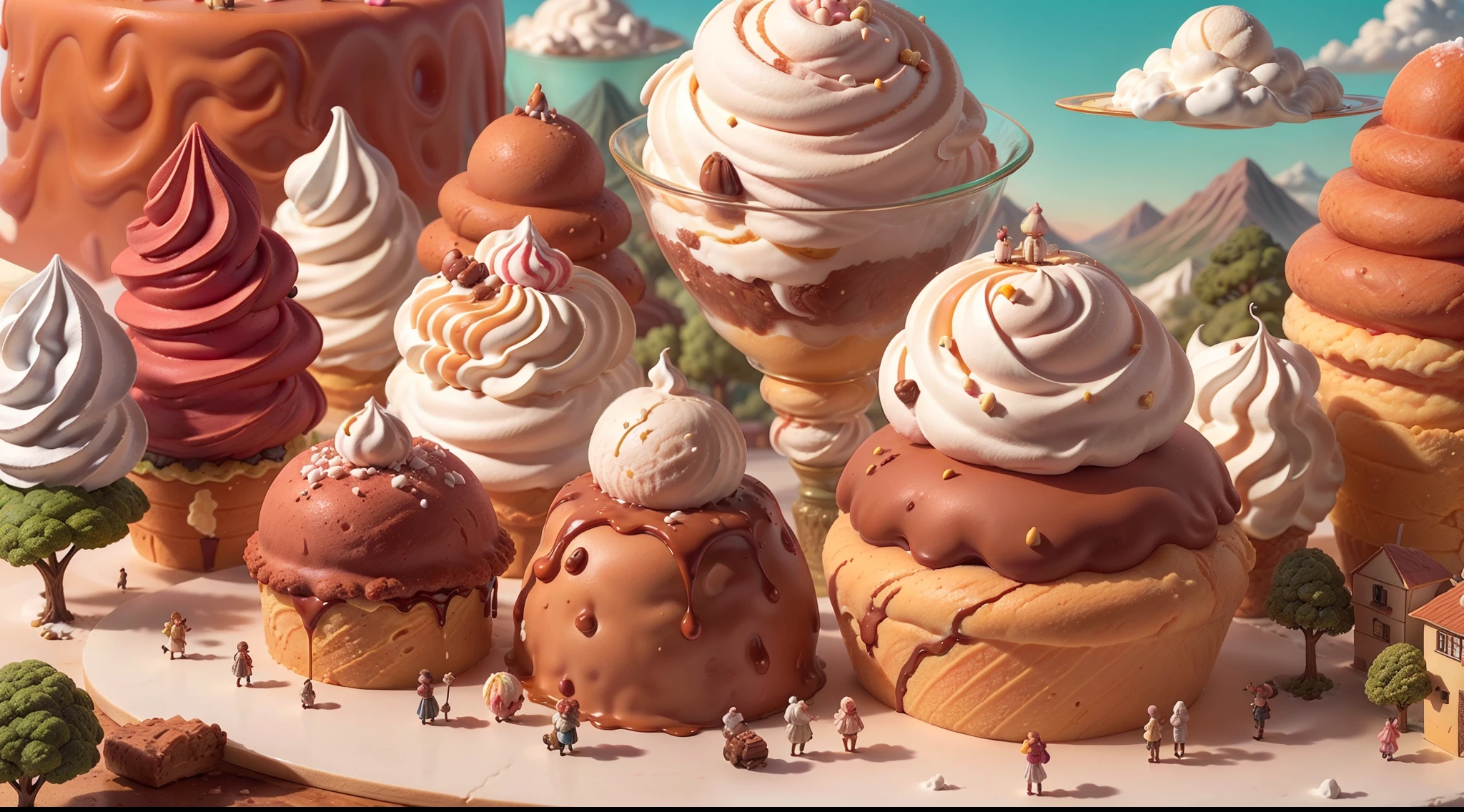 (masterpiece, high resolution, whimsical, fantasy illustration:1.3), a world made entirely of ice cream, (sugar-coated landscapes:1.2), (endless ice cream mountains:1.1), (sprinkle-covered fields:1.2), (rivers of chocolate:1.1), (caramel waterfalls:1.2), (gummy candy forests:1.1), (whipped cream clouds:1.2), (candy cane trees:1.1), (marshmallow villages:1.2), (ice cream people with smiling faces:1.1), (joyful and carefree atmosphere:1.2), (delicious aroma in the air:1.1), (vivid and dreamlike colors:1.2), an irresistible fantasy world where every step is a sweet adventure, inviting viewers to indulge in its sugary delights.