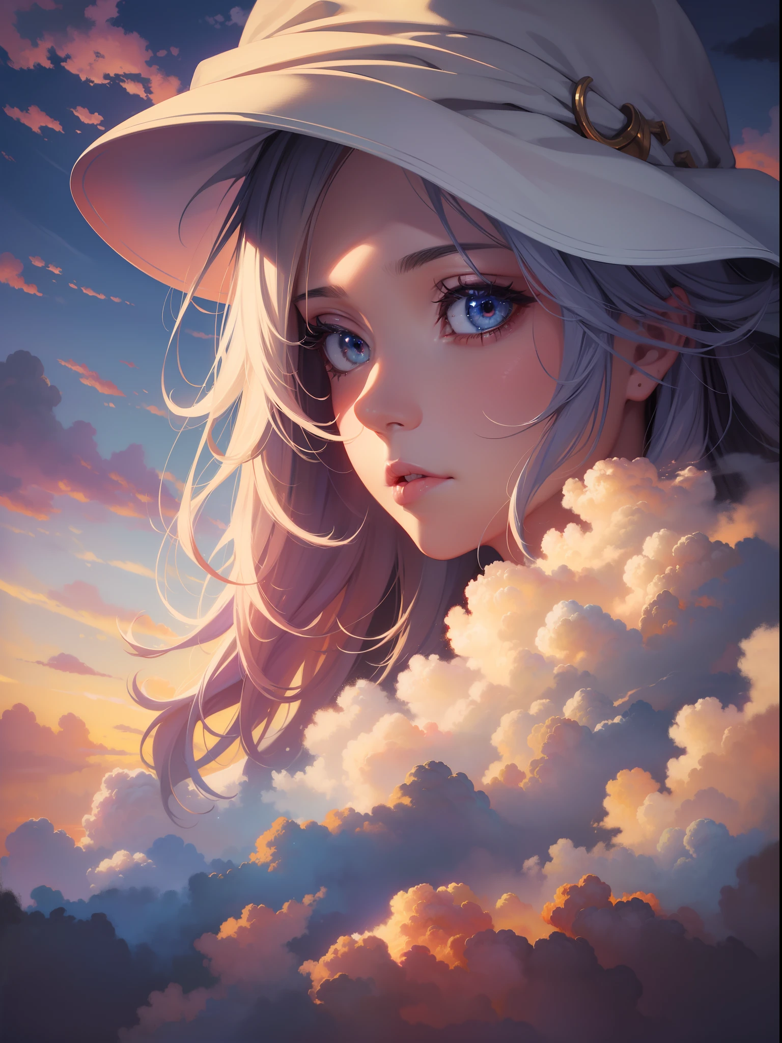 (a world filled with clouds, vibrant colors, oil painting, detailed portrait, dramatic lighting, mystical clouds, glowing clouds, scenery, 1girl