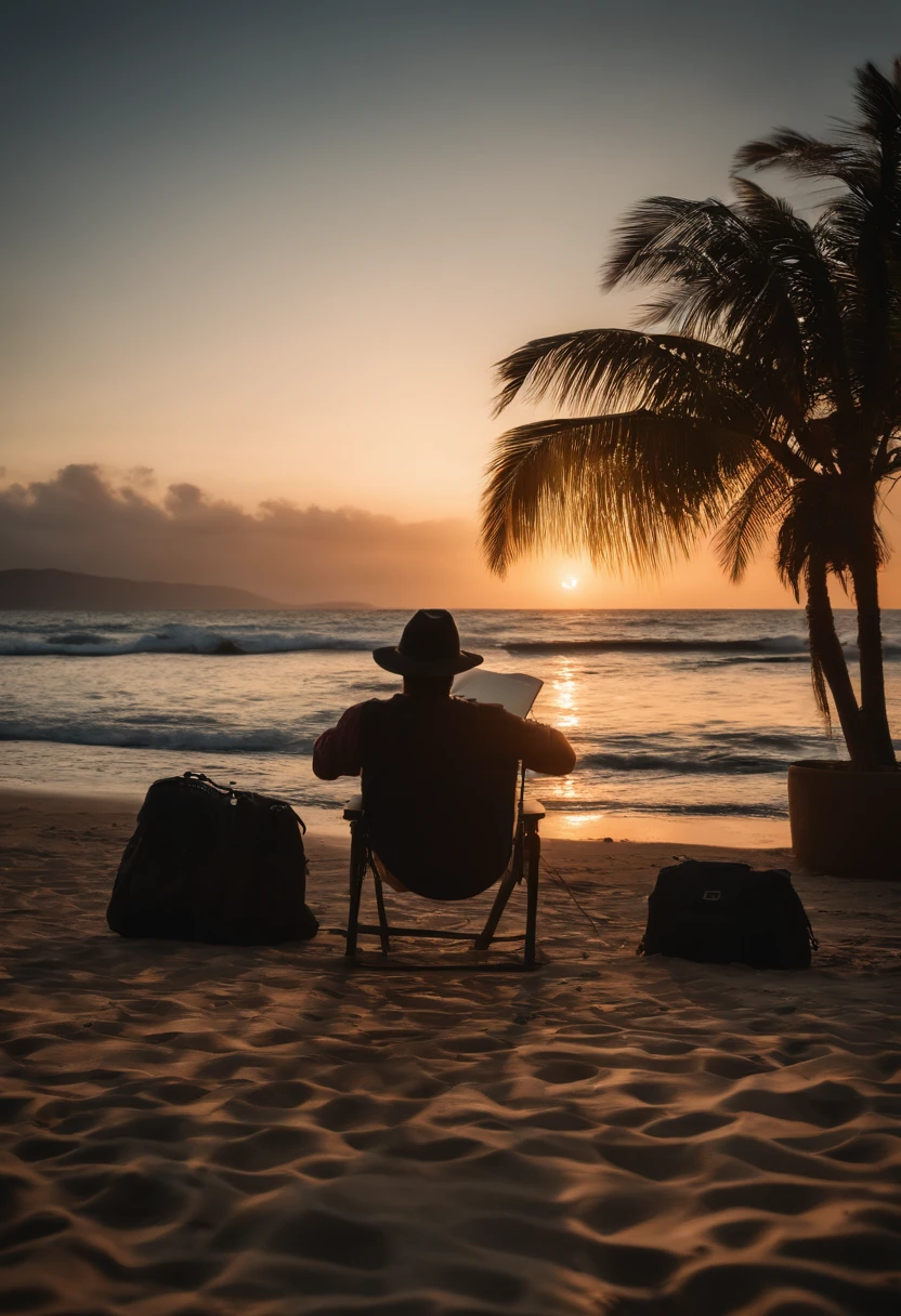 Trabalhando com notebook na praia