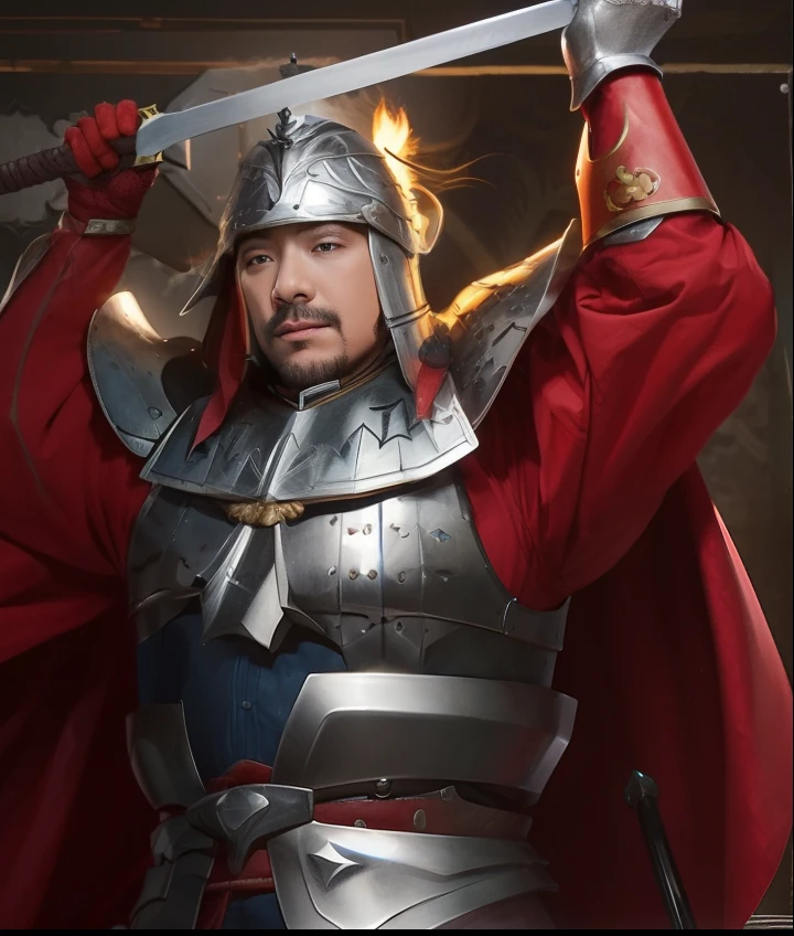 Man in armor holding a sword and a sword