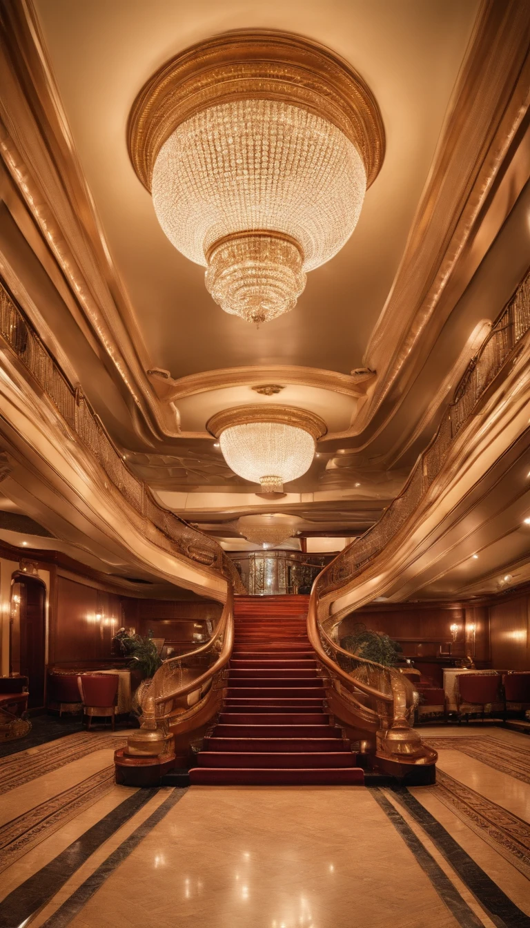 Embark on a luxurious 1920s ocean liner with grand ballrooms, art deco decor, and elegant passengers