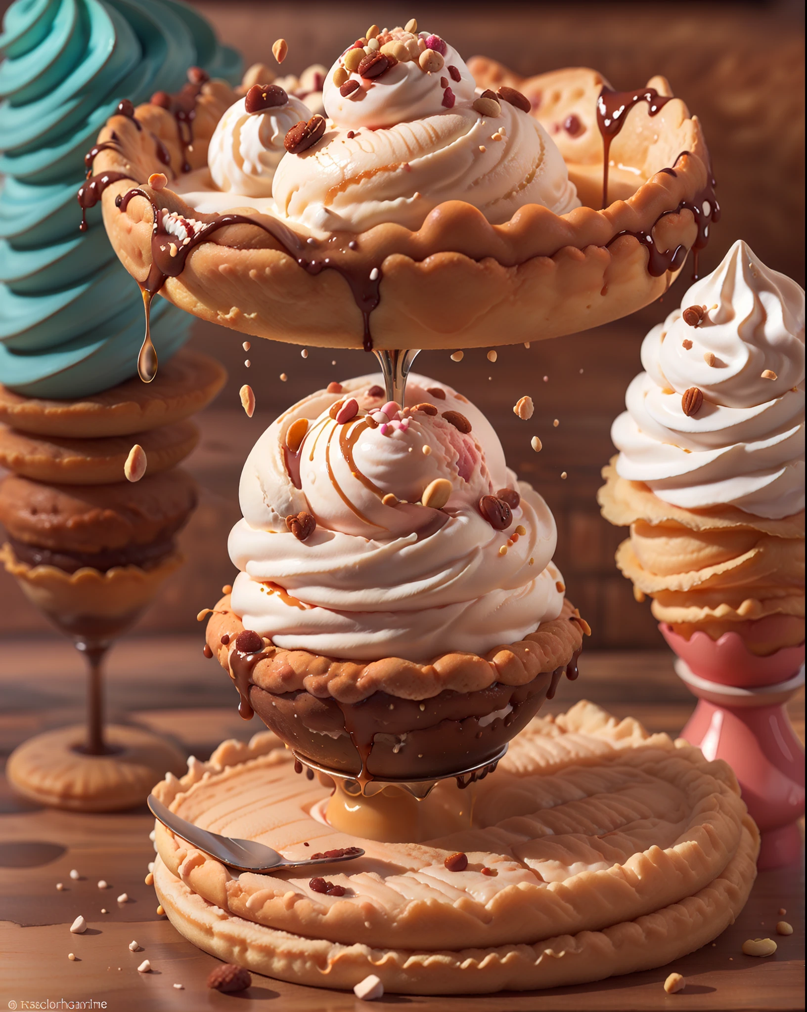 (masterpiece, high resolution, food photography:1.3), a single scoop of ice cream, (the epitome of perfection:1.2), (creamy and velvety texture:1.1), (rich and indulgent flavor:1.2), (glistening under soft lighting:1.1), (perfectly spherical shape:1.2), (sumptuously adorned with toppings:1.1), (crisp waffle cone:1.2), (enticing drizzles of caramel:1.1), (scattered crunchy nuts and rainbow sprinkles:1.2), (a small piece of heaven on a spoon:1.1), (capturing the essence of pure delight:1.2), inviting viewers to savor the perfection of this delectable ice cream creation.