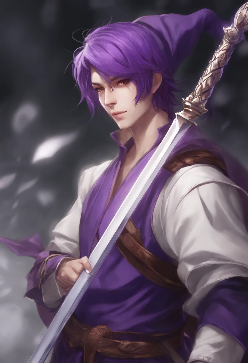 Make a version of this anime character image with purple hair and purple clothing holding a sword, bobo medieval, bobo da corte, bobo masculino, jester themed, Homem em uma fantasia de bobo, inspirado em Matsumura Goshun, corpo inteiro branco roxo manto, carrying a magical staff, corpo inteiro roxo e manto branco, esgrimista de anime, personagem de fantasia, t-pose do assistente, bobo da corte, Make a version of this image with traces of One Piece