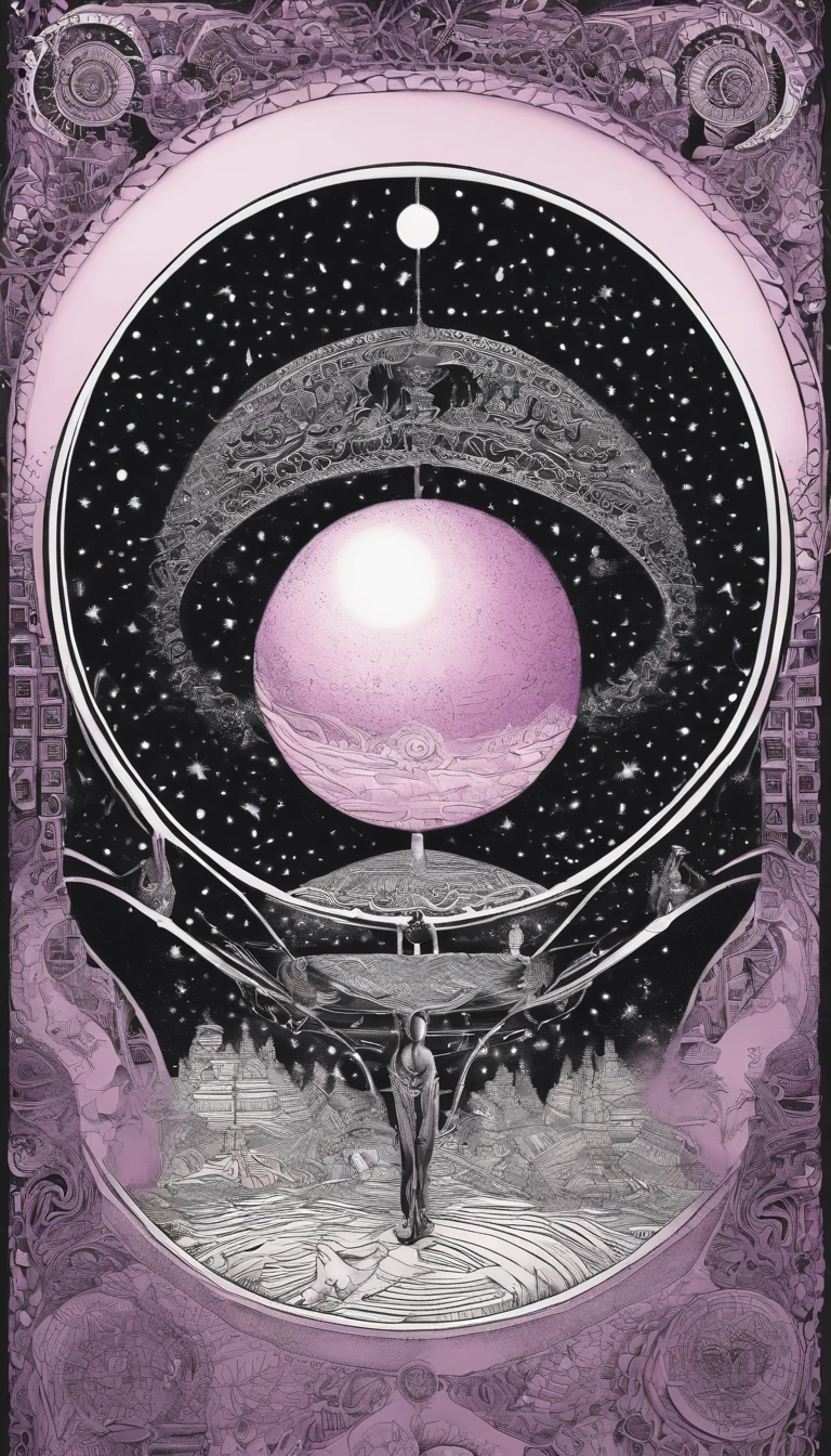 um ser cosmico com manto rosa, A staff and lamp in hand in a galactic portal looking in first-person perspective, with a violet and pink sky in the background and a big, bright full moon