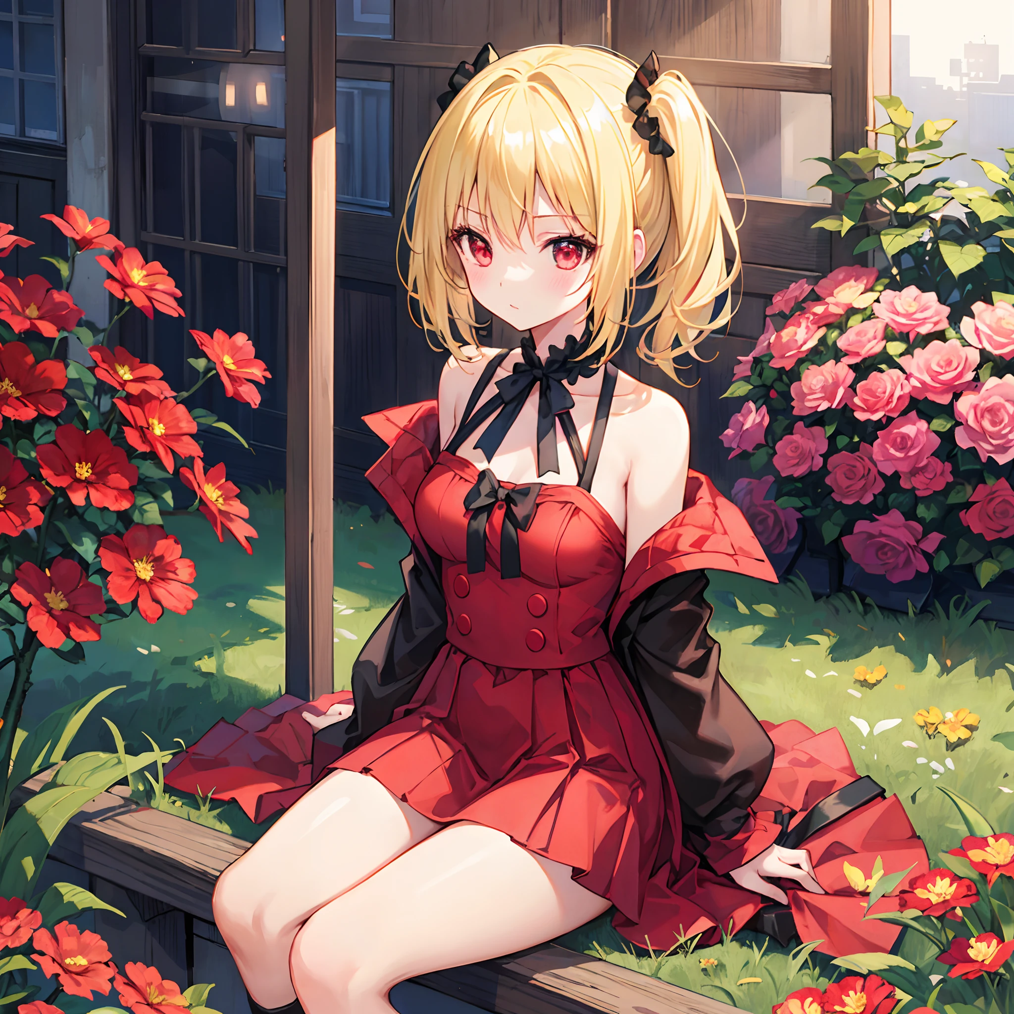 Wavy blonde、red eyes、bow ribbon、Beautiful girl alone、red blush、RED dress、off shoulders、Black tights、flower field、Sitting on the floor