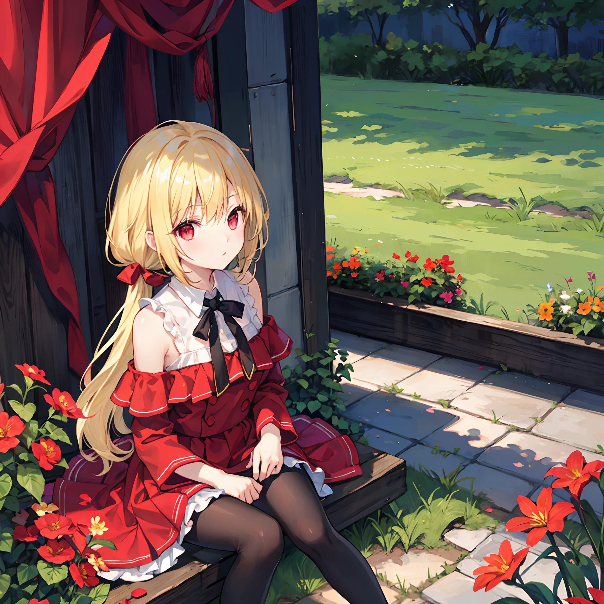 a blond、poneyTail、red eyes、Beautiful girl alone、Bright red dress、off shoulders、a miniskirt、Black tights、sitting on、flower  field