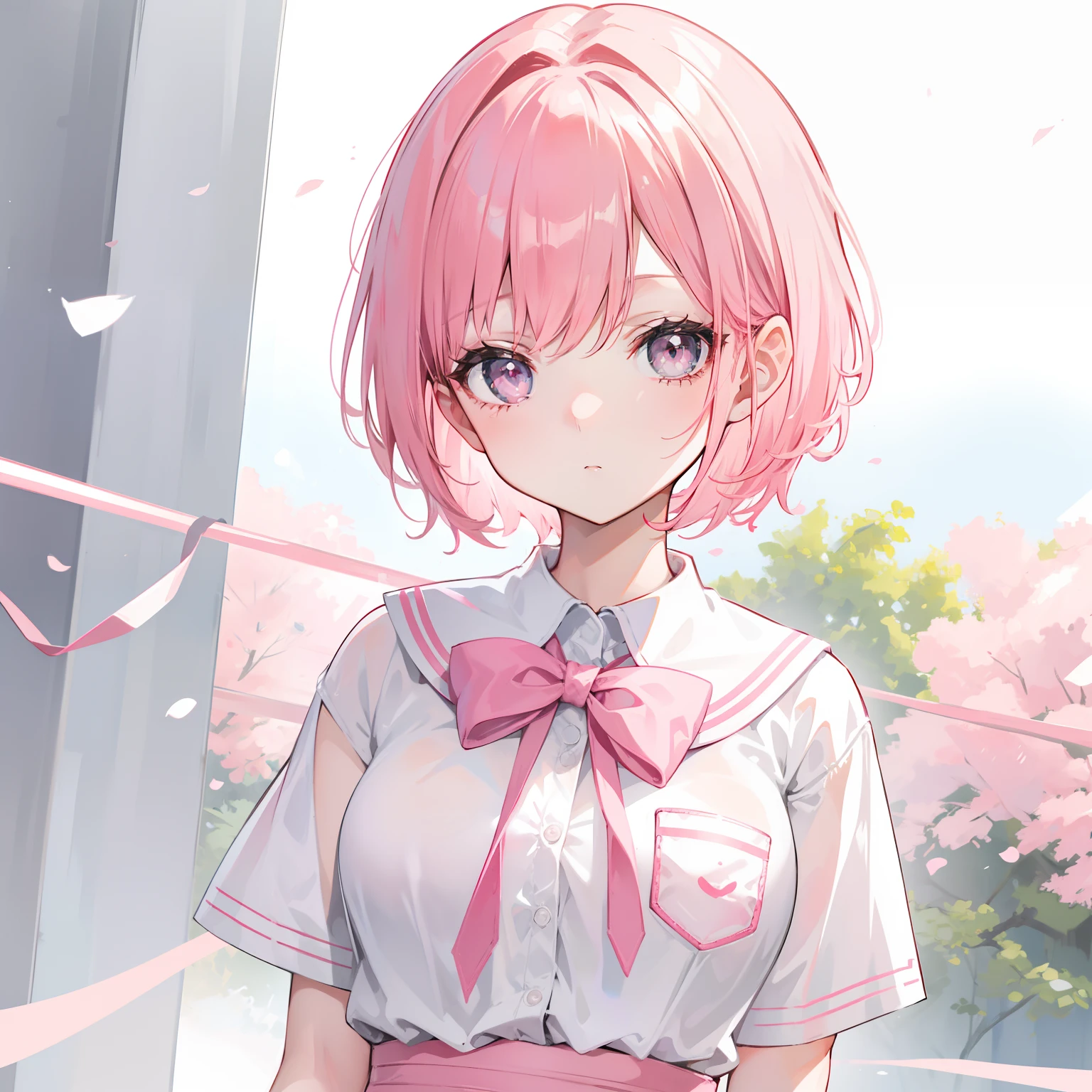 Short pink hair with a sense of transparency,Wearing a milky white ultra-light pink school uniform,Light pink pupils,Super cute sweet girl