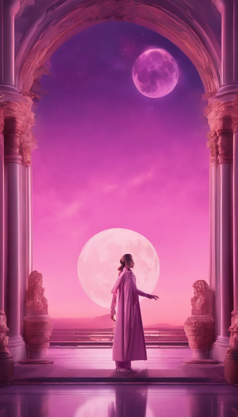 um ser cosmico com manto rosa, A staff and lamp in hand in a galactic portal looking in first-person perspective, with a violet and pink sky in the background and a big, bright full moon