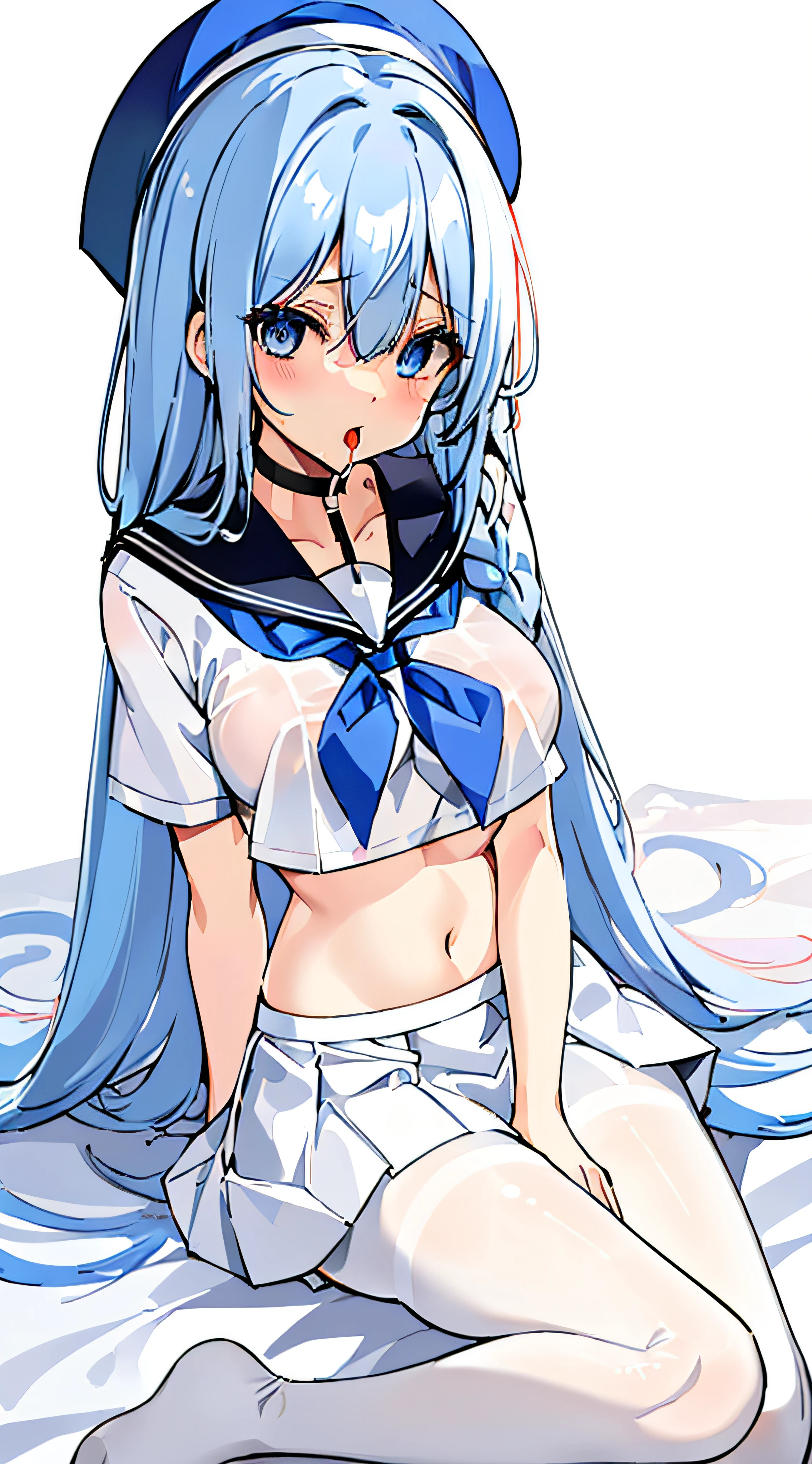 crop top,crop top overhang,eyes visible through hair,blue hair,long hair,very long hair,blue eyes,pantyhose,white pantyhose,breasts,small breasts,sailor suit,school hat,braid,plain braid,looking at viewer,open mouth,tongue out,cum in mouth,serious eyes,White shirt,mini skirt,white miniskirt,pleated skirt,sailor collar,thighs,white footwear,hands on chest,skirt,white skirt,bed,in bed,lying in bed,open legs,nipples,no bra,pussy,no panties,shirt lift,torn pantyhose,breasts out,clothes lift,showing breasts